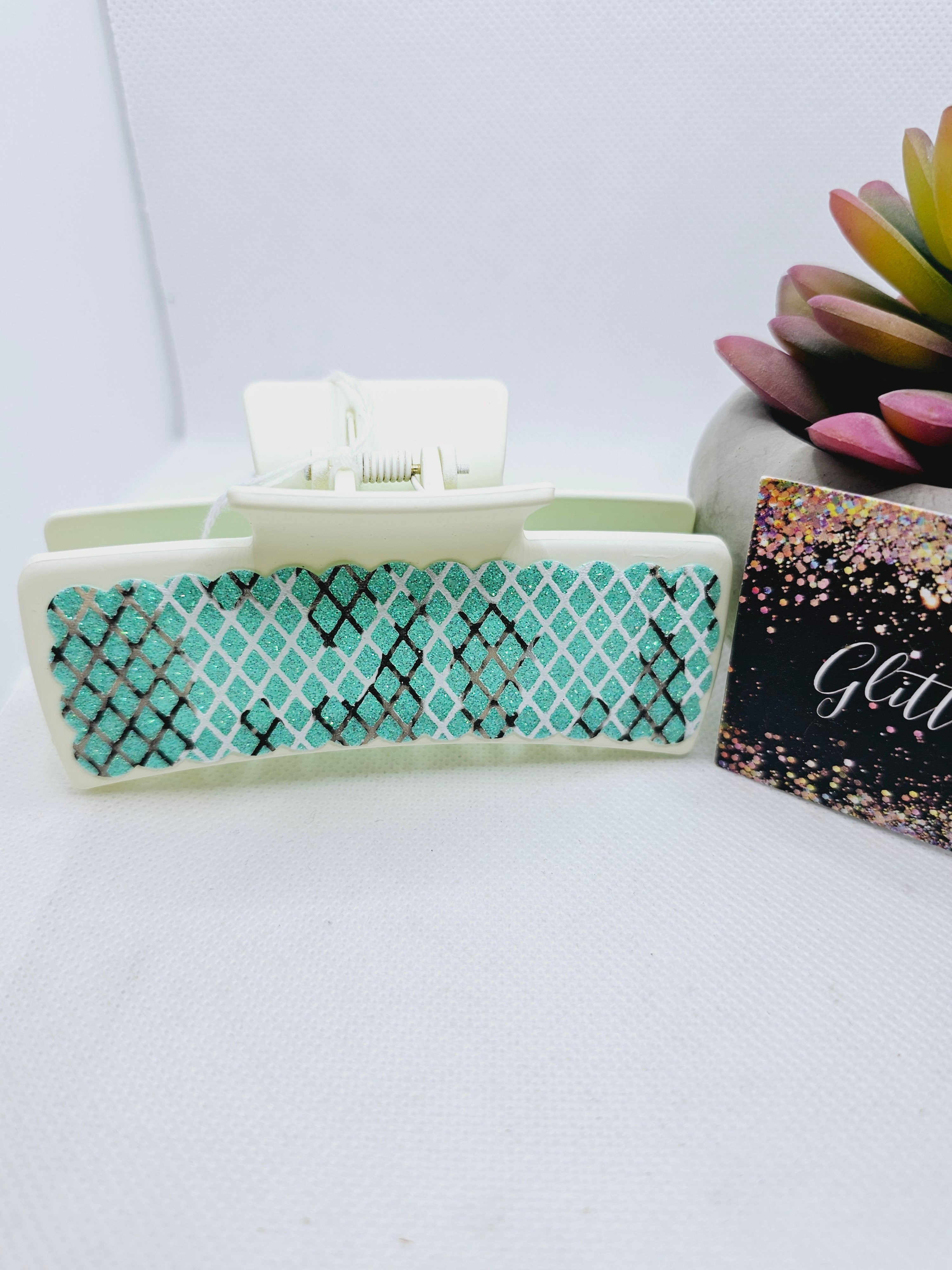 2172 Teal/Black/White Lace Leather Claw Clip