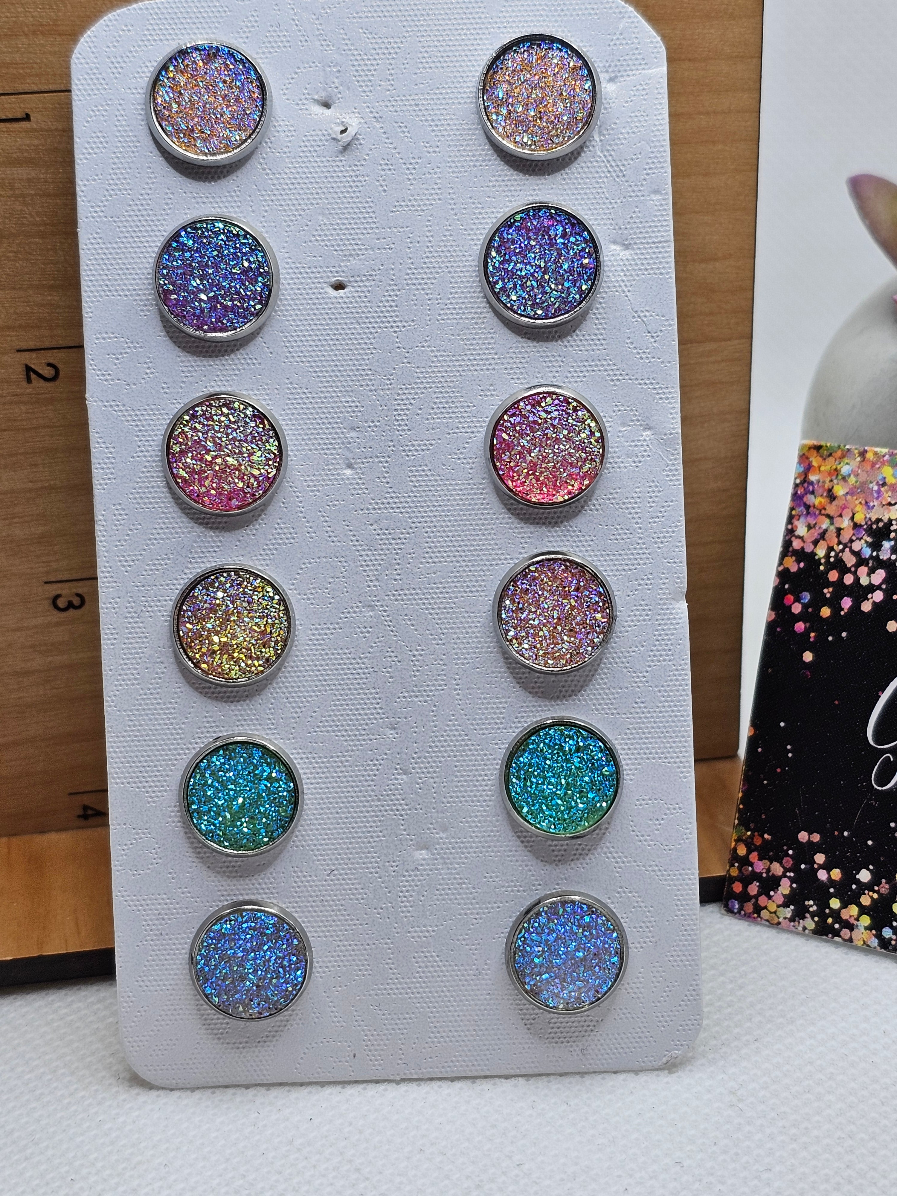 2250 6 Pairs of Irodscent Pastel Druzy Stud Earrings