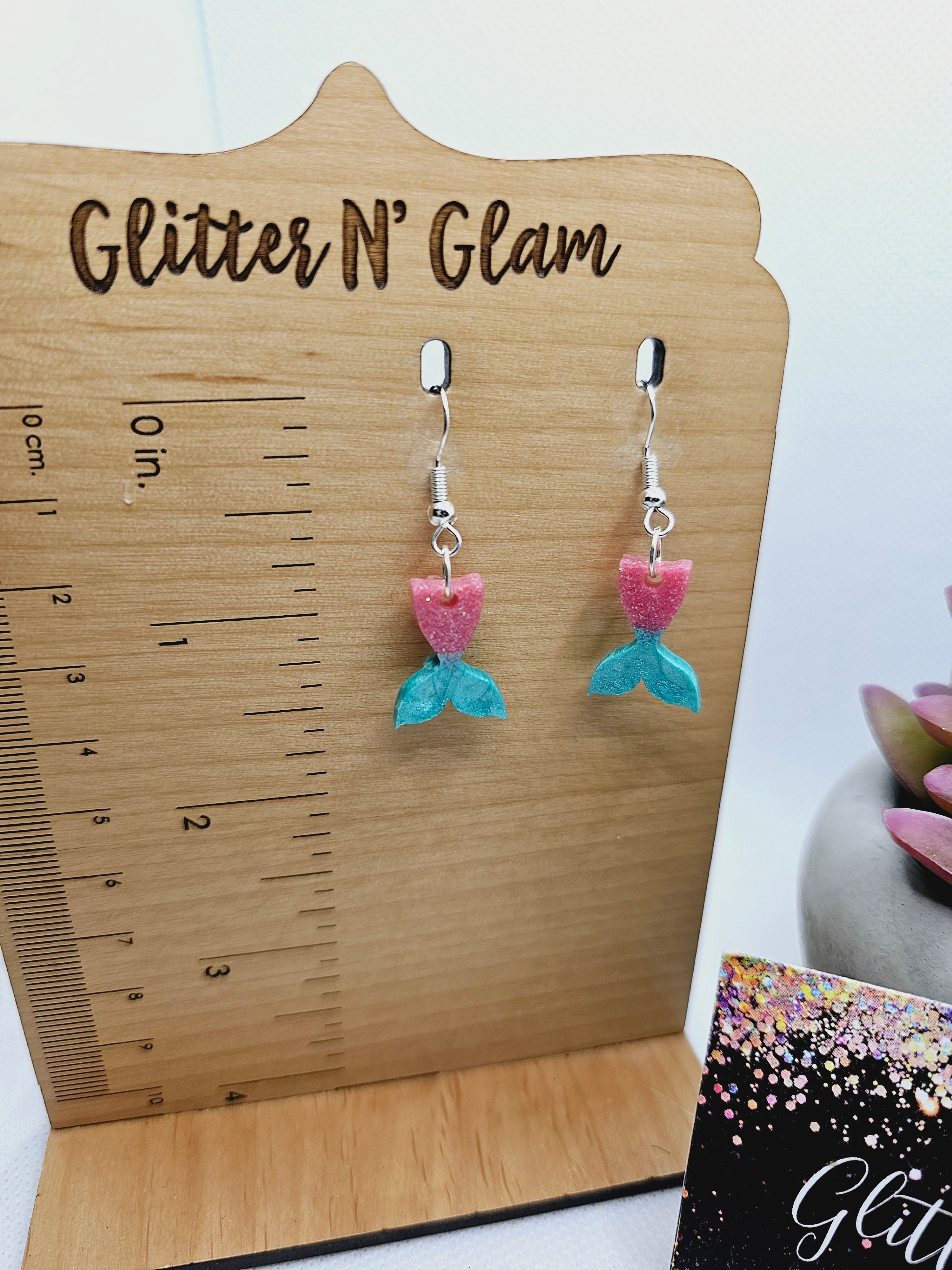 2266 Pink and Teal Mermaid Tail Dangle Earrings