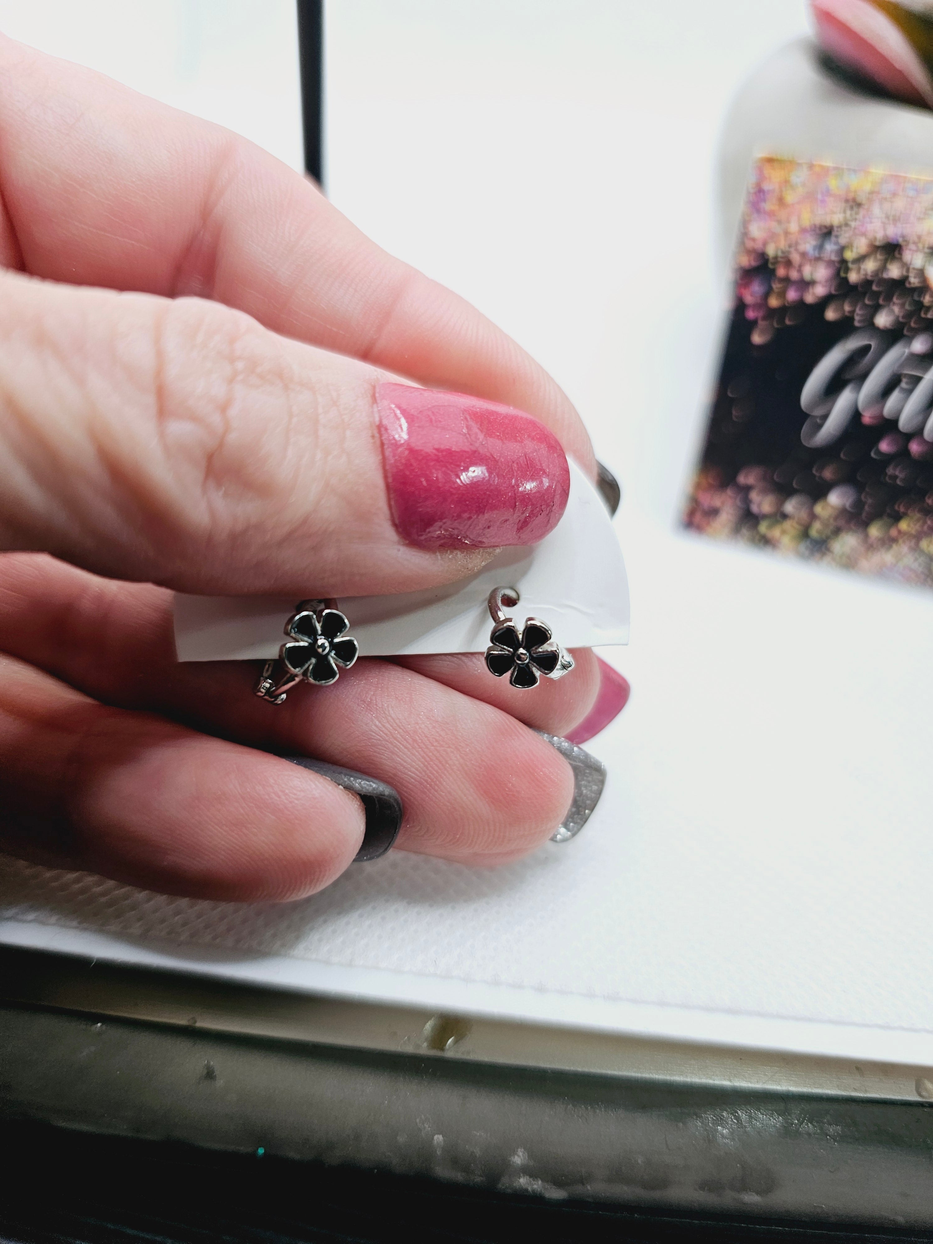 2270 Mini Silver and Black Flower Hoops