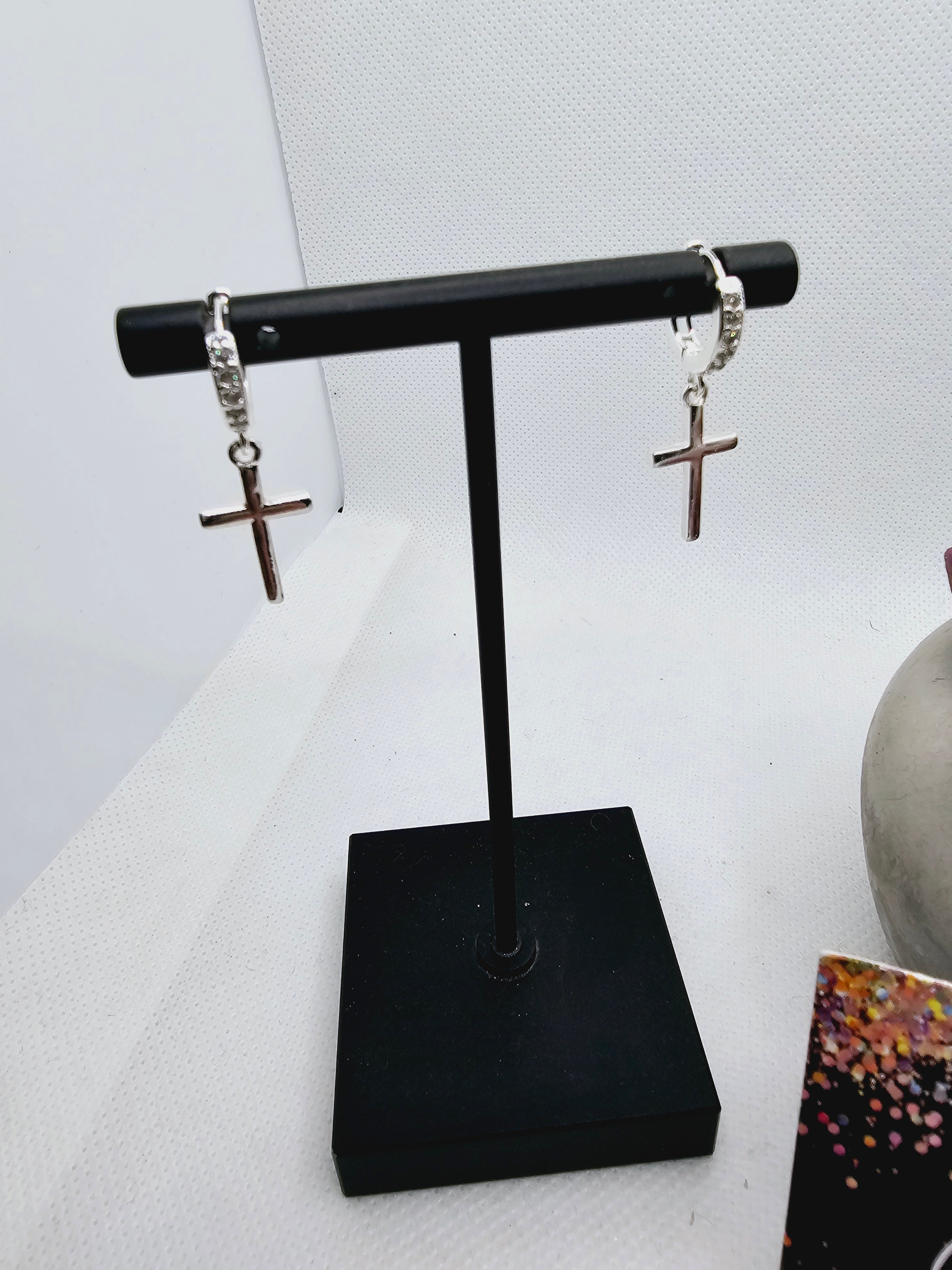 2285 Silver Small Hoops with Silver Rhinestones and Cross Detail.