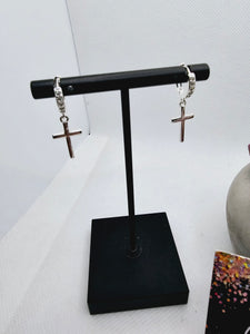 2285 Silver Small Hoops with Silver Rhinestones and Cross Detail.