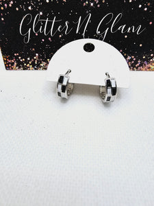 2287 Silver Black and White Checkered Small Hoop Earrings