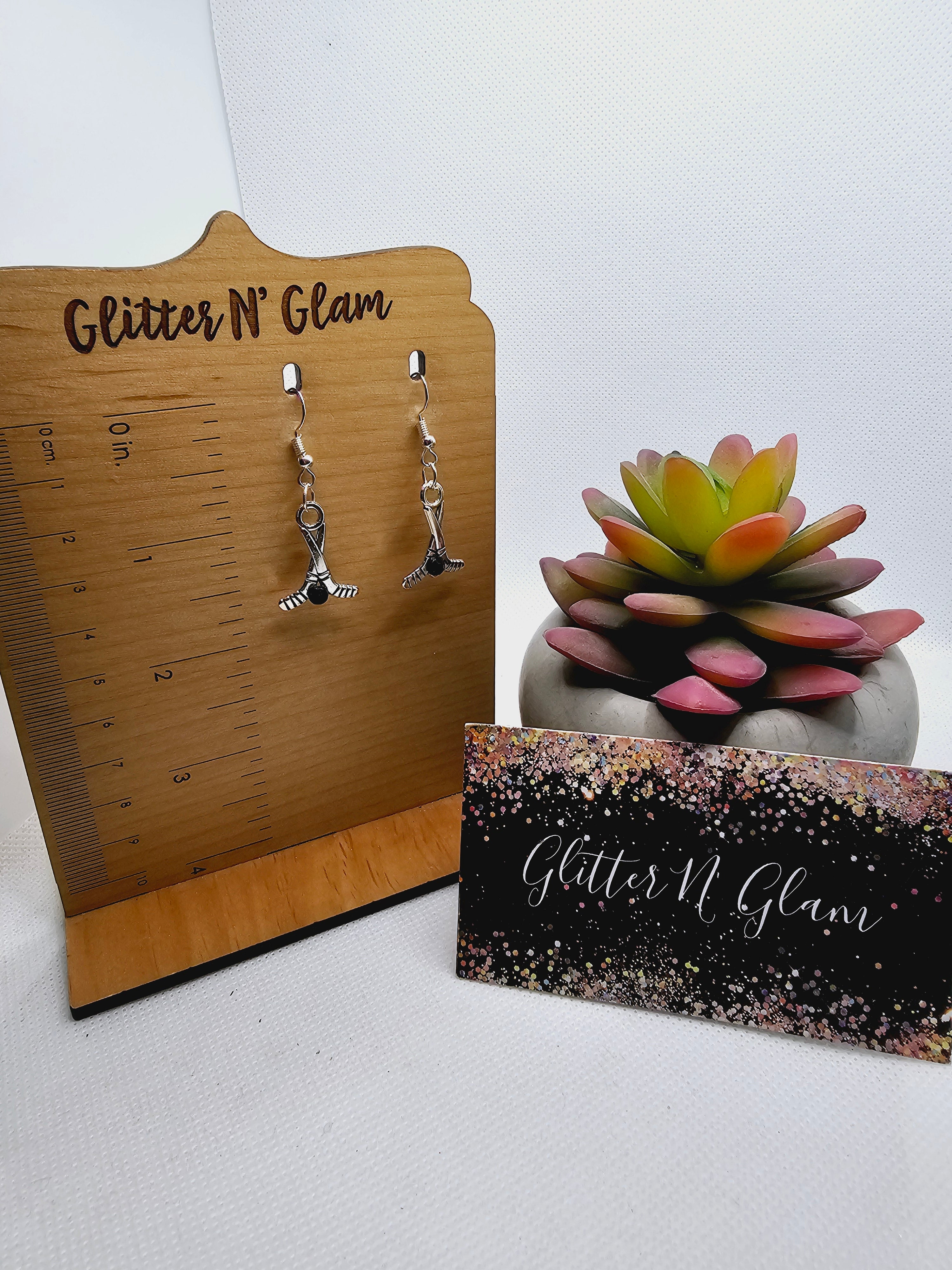 2284 Silver Hockey Dangle Earrings with Black Rhinestone