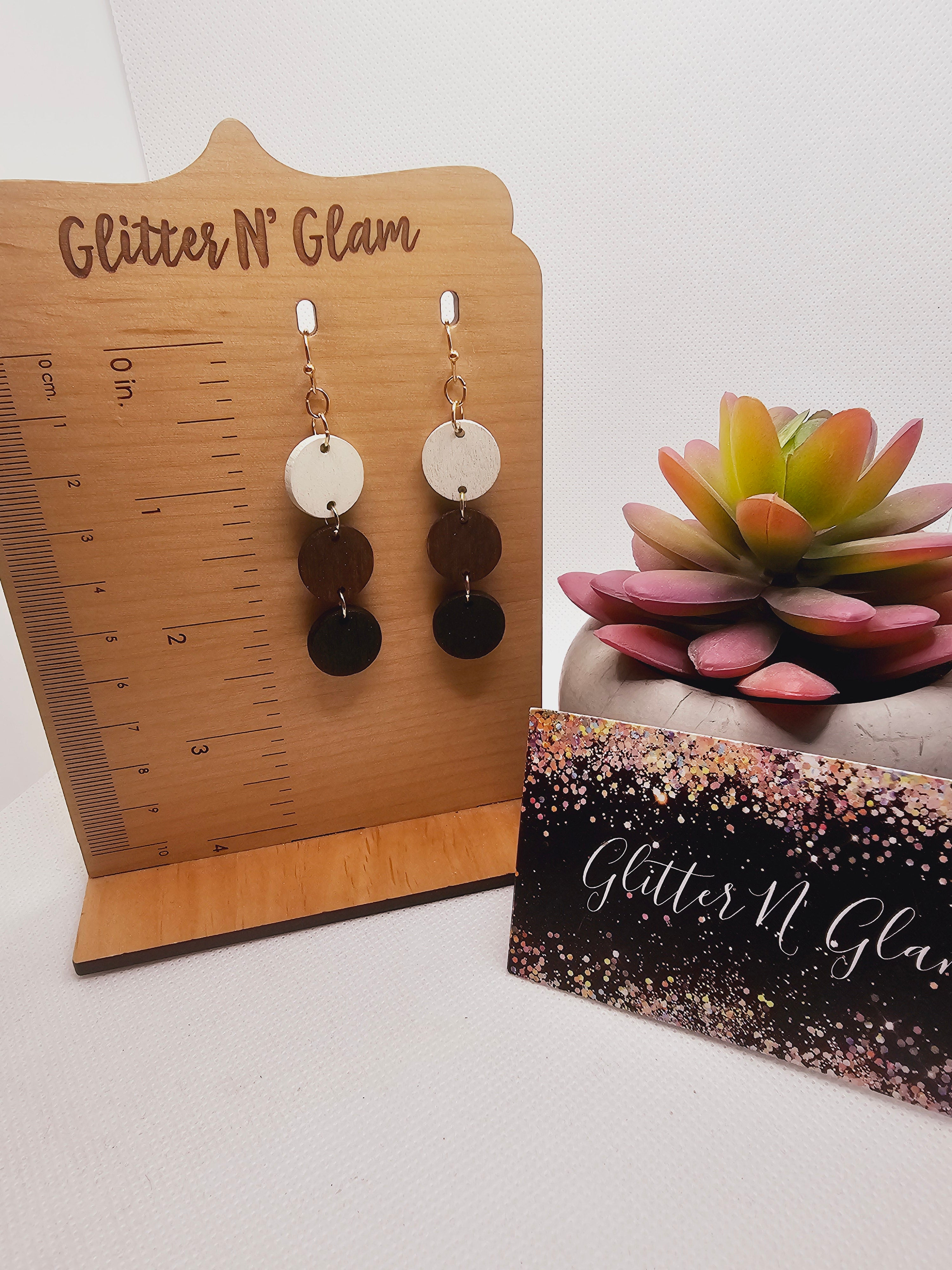 2291 Multicolored Wood Dangle Earrings White, Brown and Black