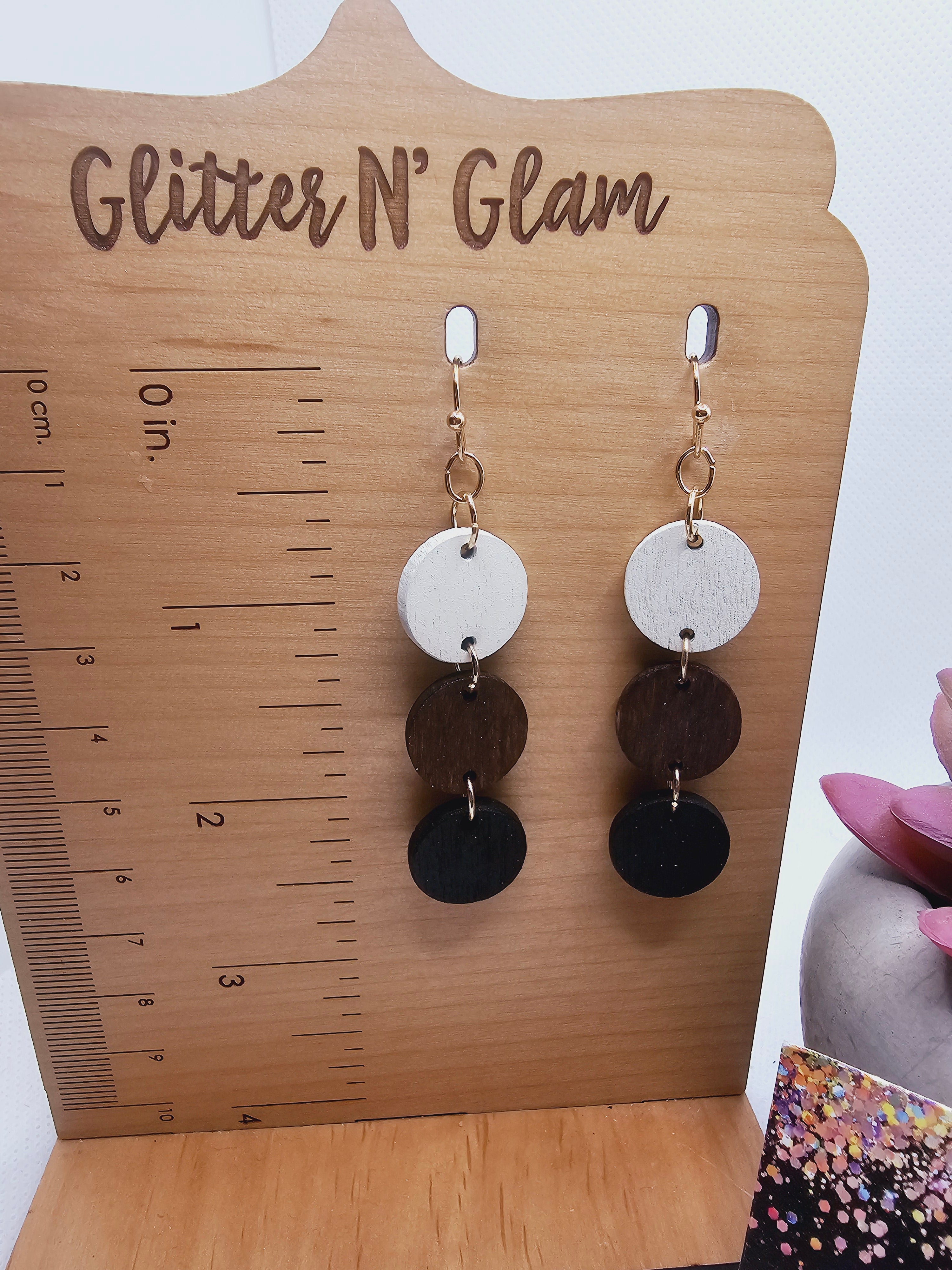 2291 Multicolored Wood Dangle Earrings White, Brown and Black