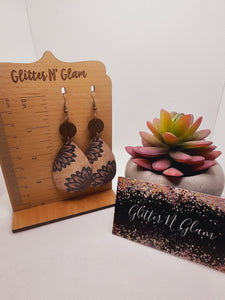 2289 Wood Sunflower Dangle Earrings with Teal Outline