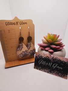 2290 Wood Sunflower Dangle Earrings with White Outline