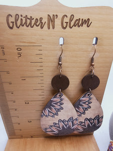 2290 Wood Sunflower Dangle Earrings with White Outline