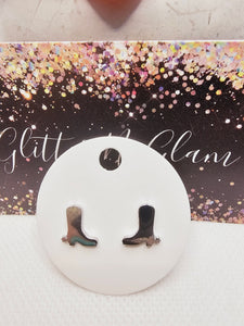 2293 Silver Cowboy Boots Stud Earrings