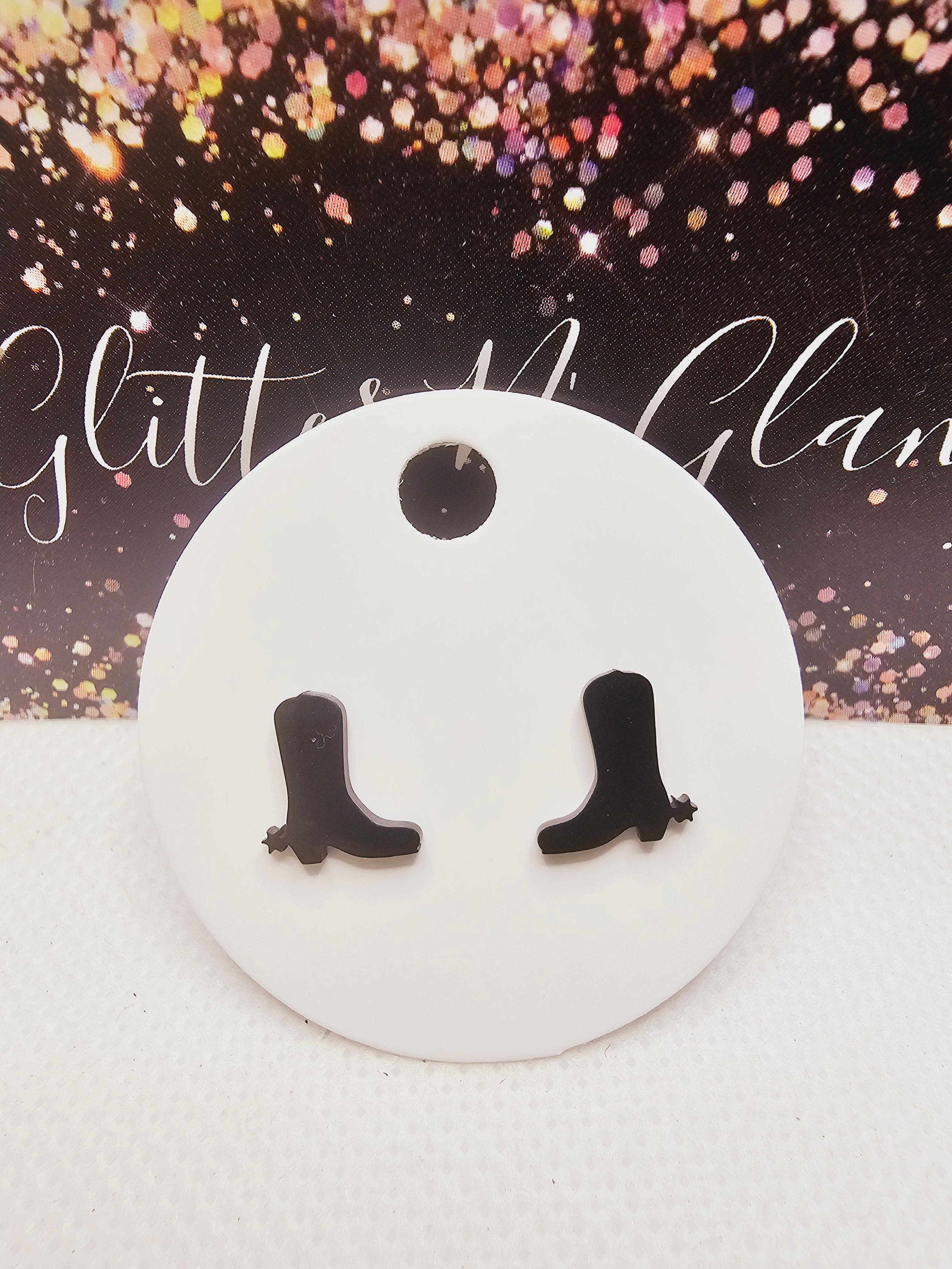2296 Black Cowboy Boots Stud Earrings
