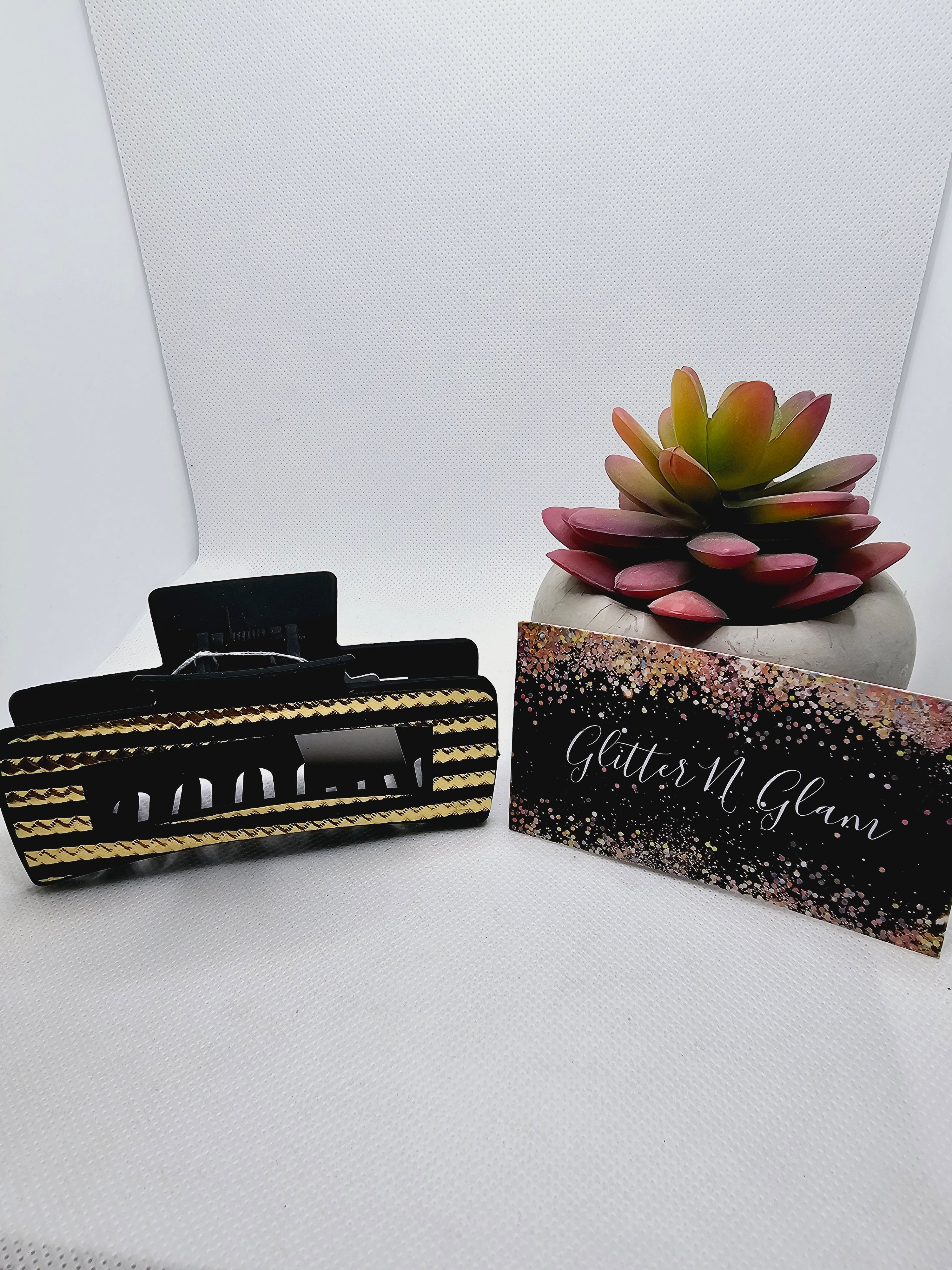 2357 Black and Gold Striped Leather Claw Clip