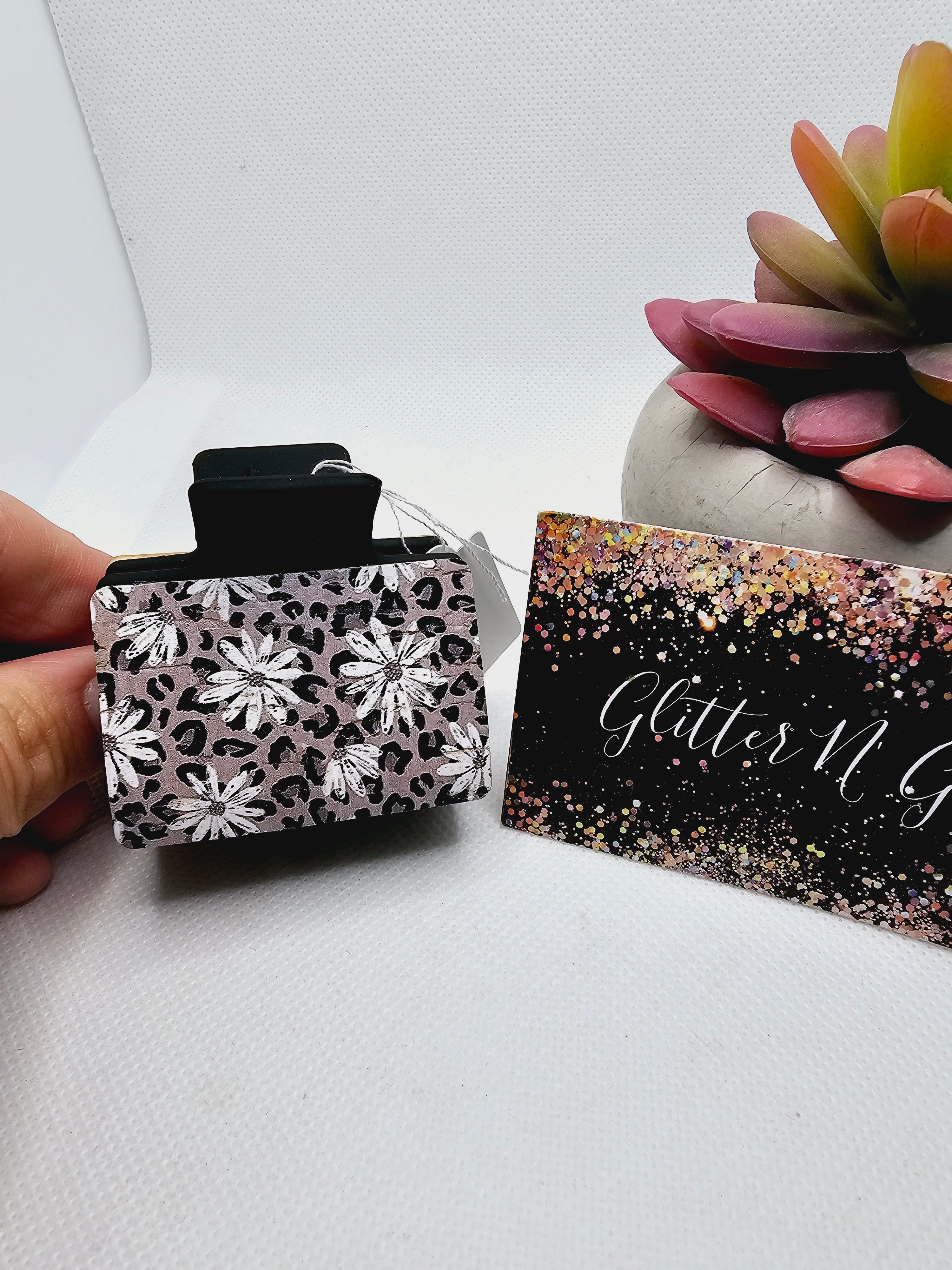 2368 Gray Animal Print with White Flowers Leather Small Claw Clip