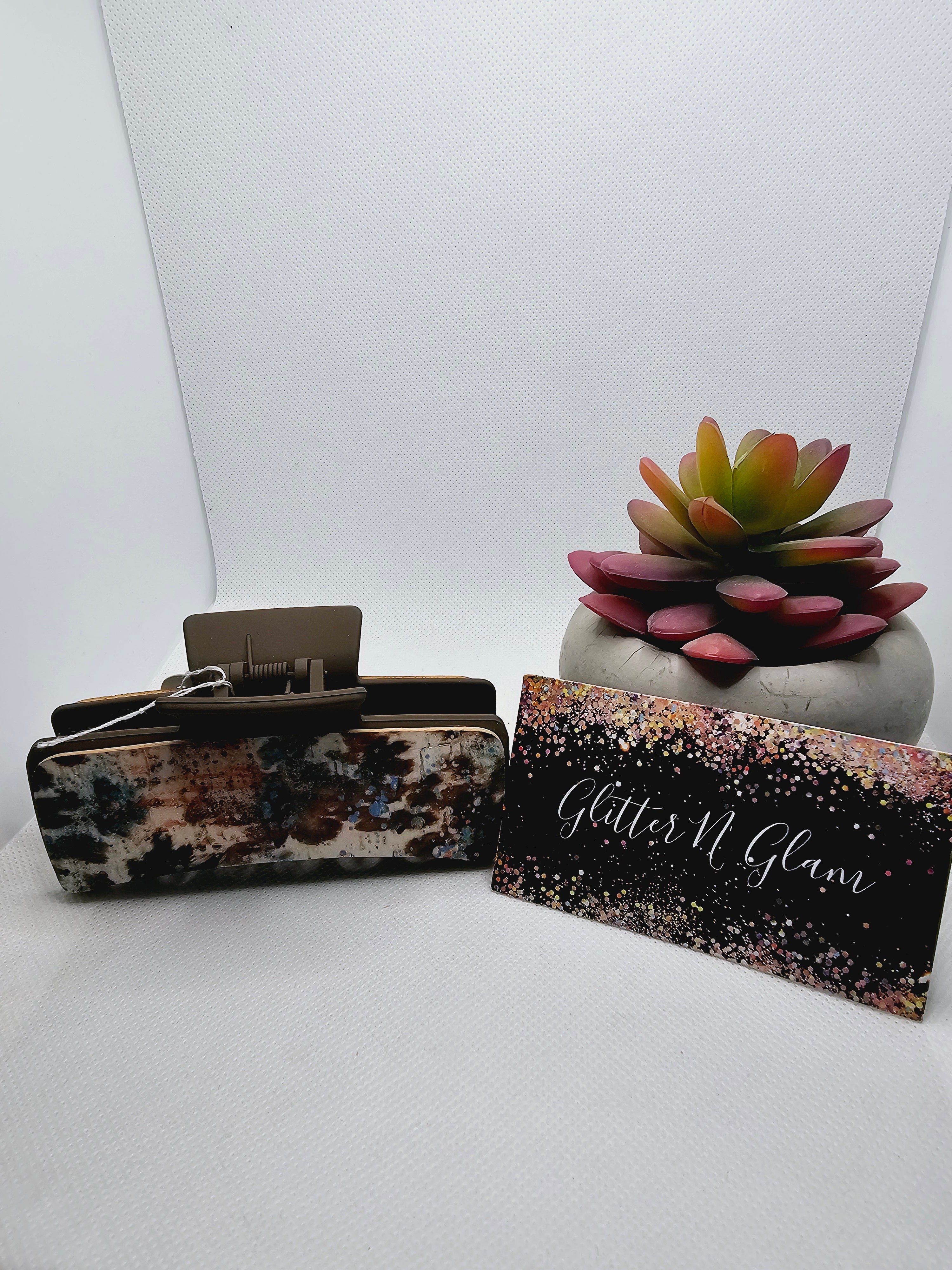 2351 Brown and Teal Cow Print Leather Claw Clip