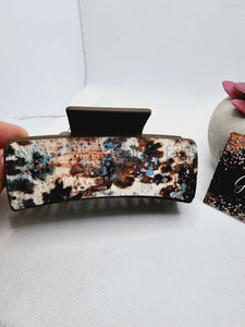 2351 Brown and Teal Cow Print Leather Claw Clip