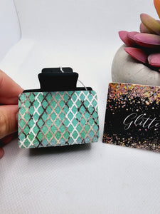 2346 Teal and Black Sparkly Lace Leather  Small Claw Clip