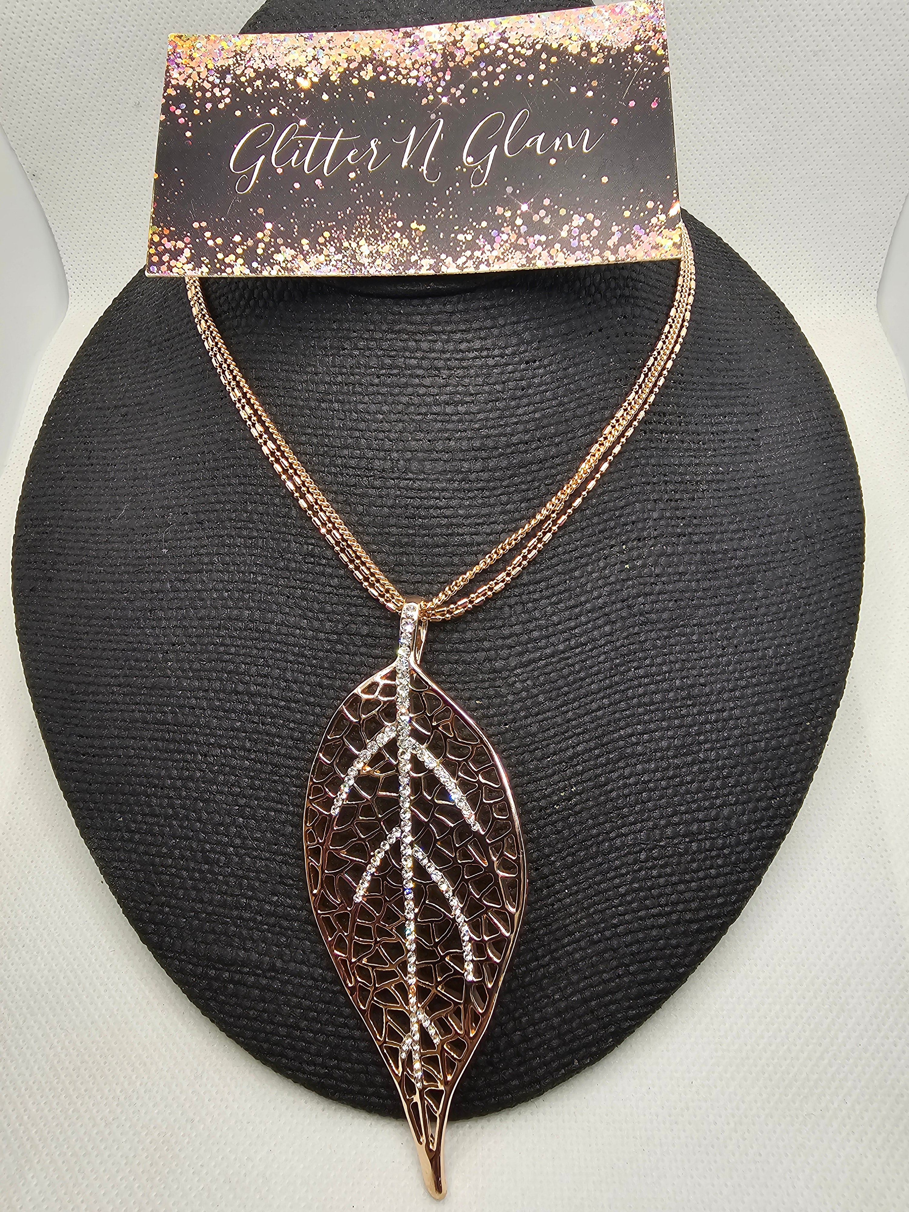 2386 Rosegold Leaf Long Sweater Necklace with Bling