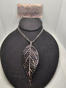 2385 Silver Leaf Long Sweater Necklace with Bling