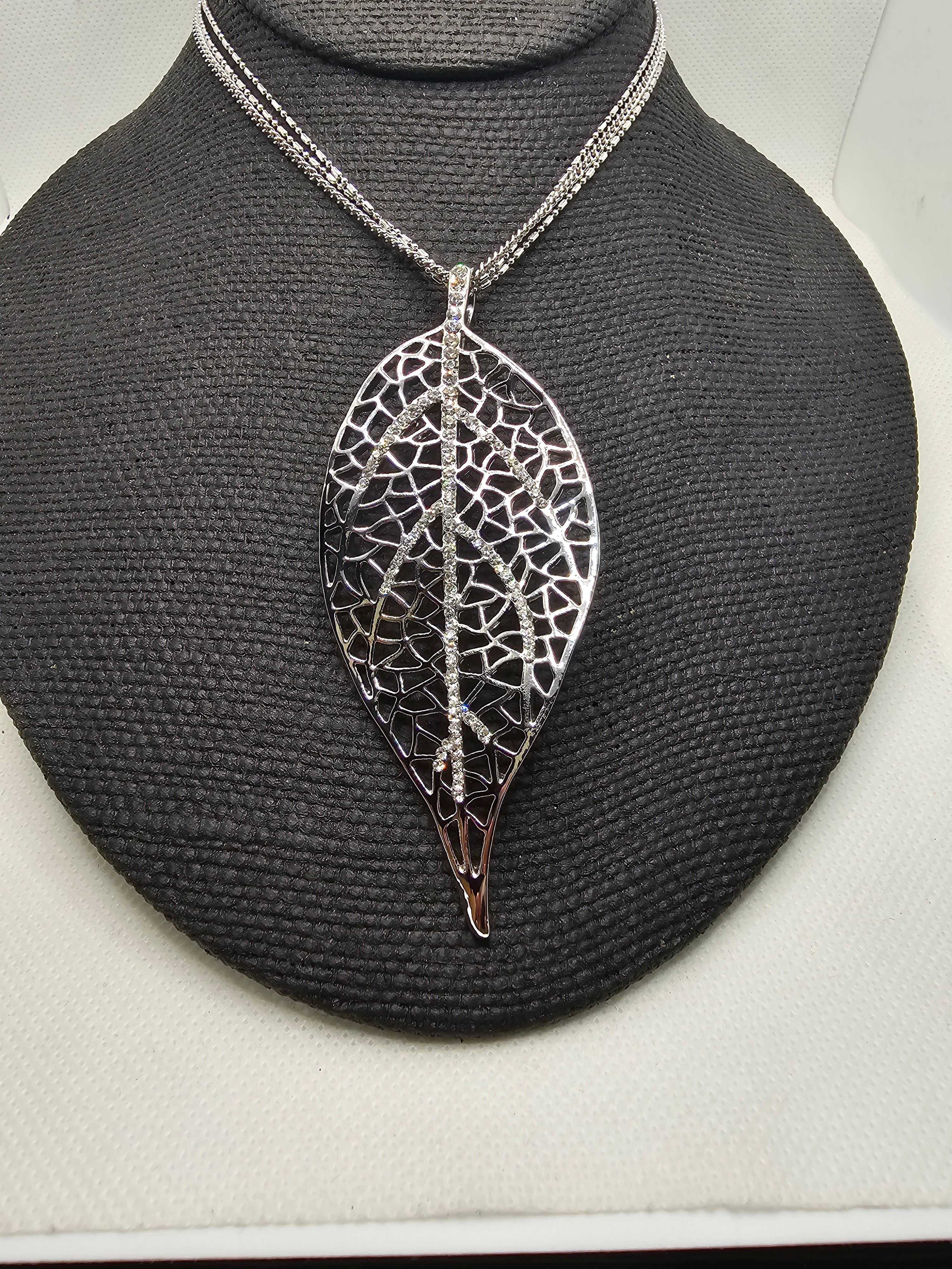 2385 Silver Leaf Long Sweater Necklace with Bling