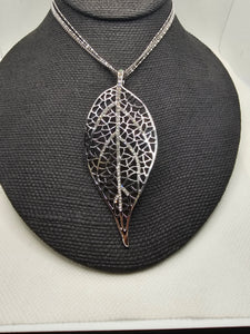 2385 Silver Leaf Long Sweater Necklace with Bling