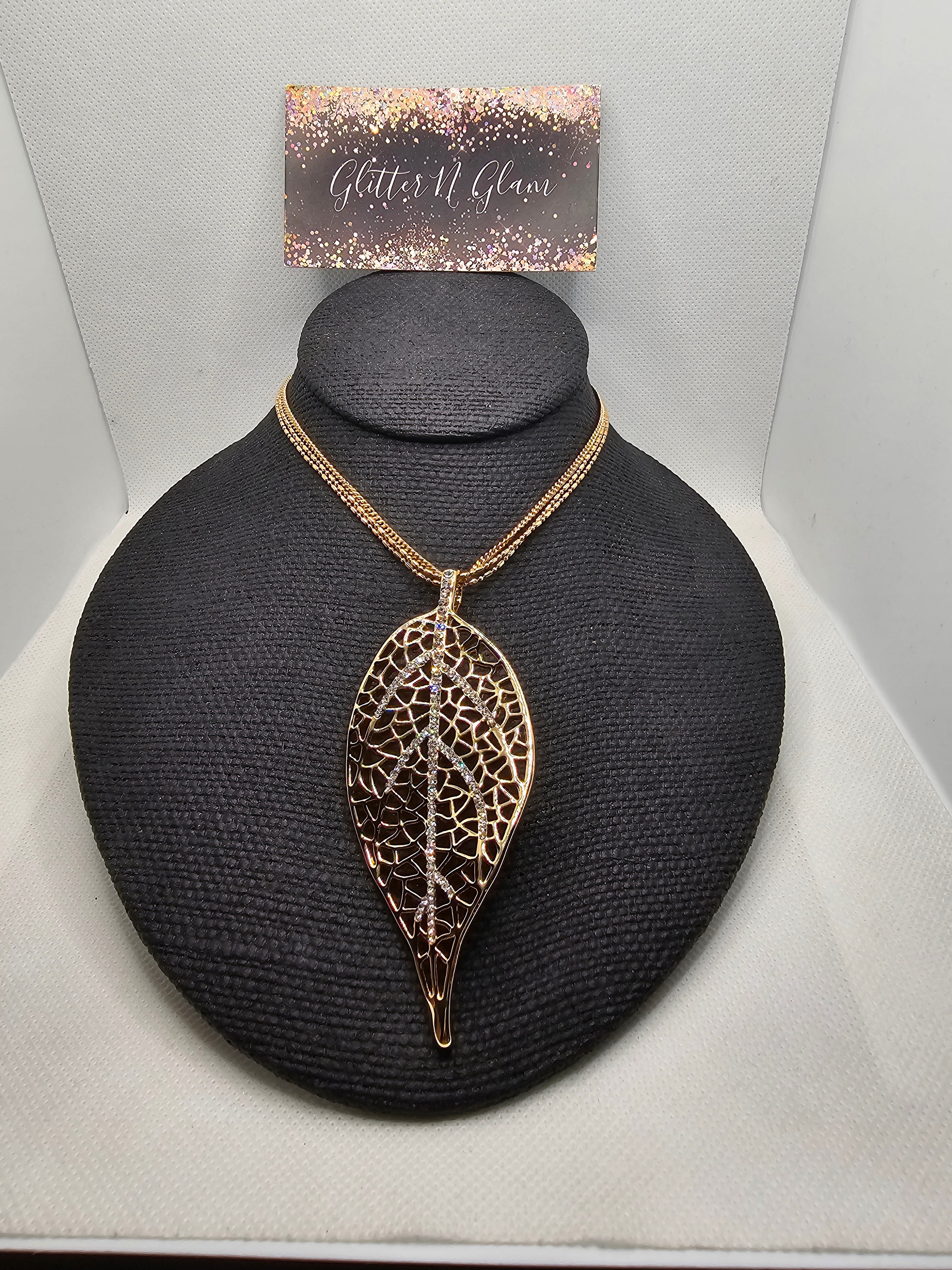 2384 Gold Leaf Long Sweater Necklace with Bling