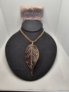 2384 Gold Leaf Long Sweater Necklace with Bling