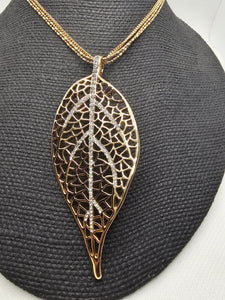 2384 Gold Leaf Long Sweater Necklace with Bling