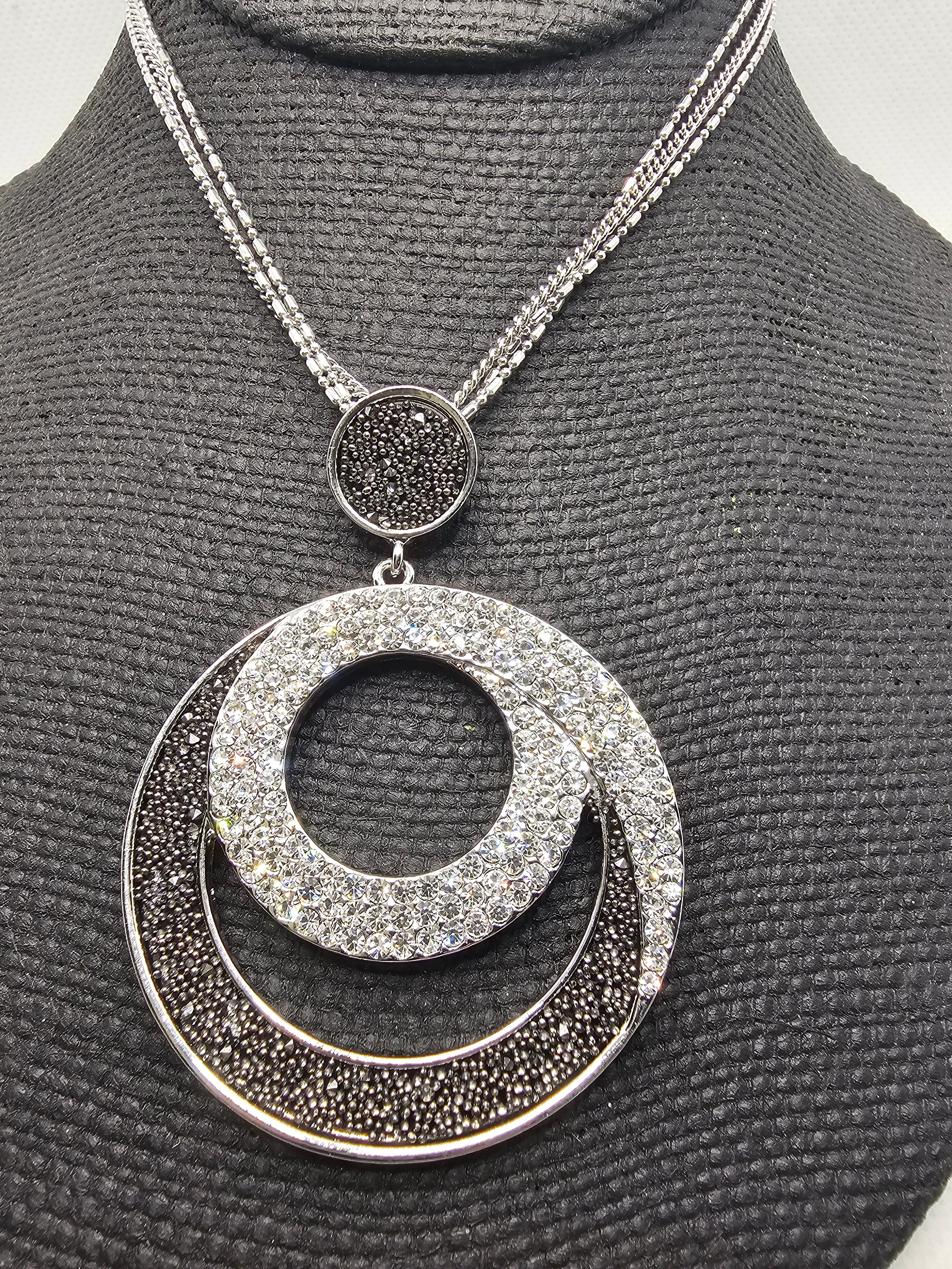 2381 Silver and Black Circle Long Sweater Necklace with Bling