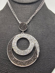 2381 Silver and Black Circle Long Sweater Necklace with Bling