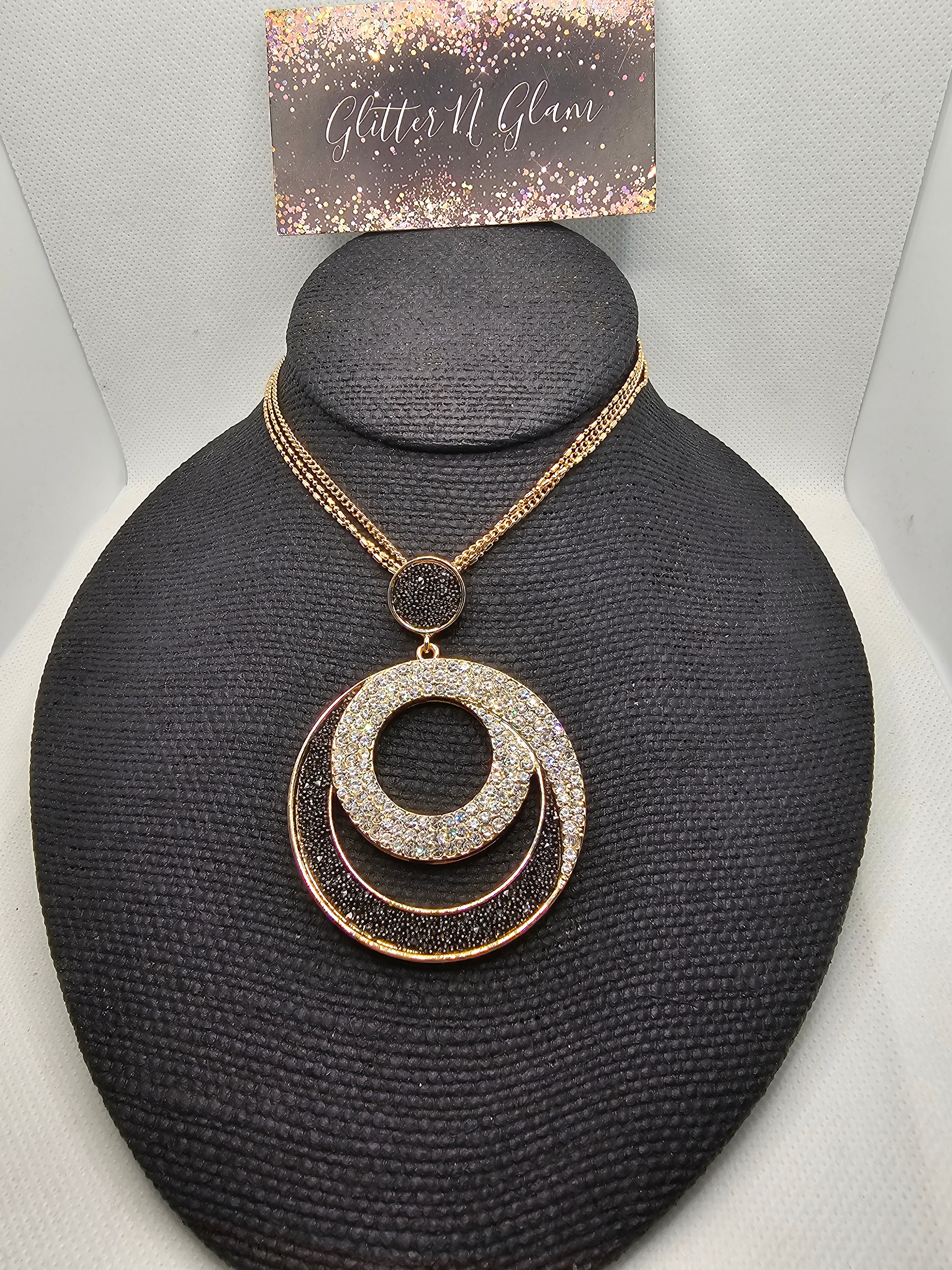 2379 Gold and Black Circle Long Sweater Necklace with Bling