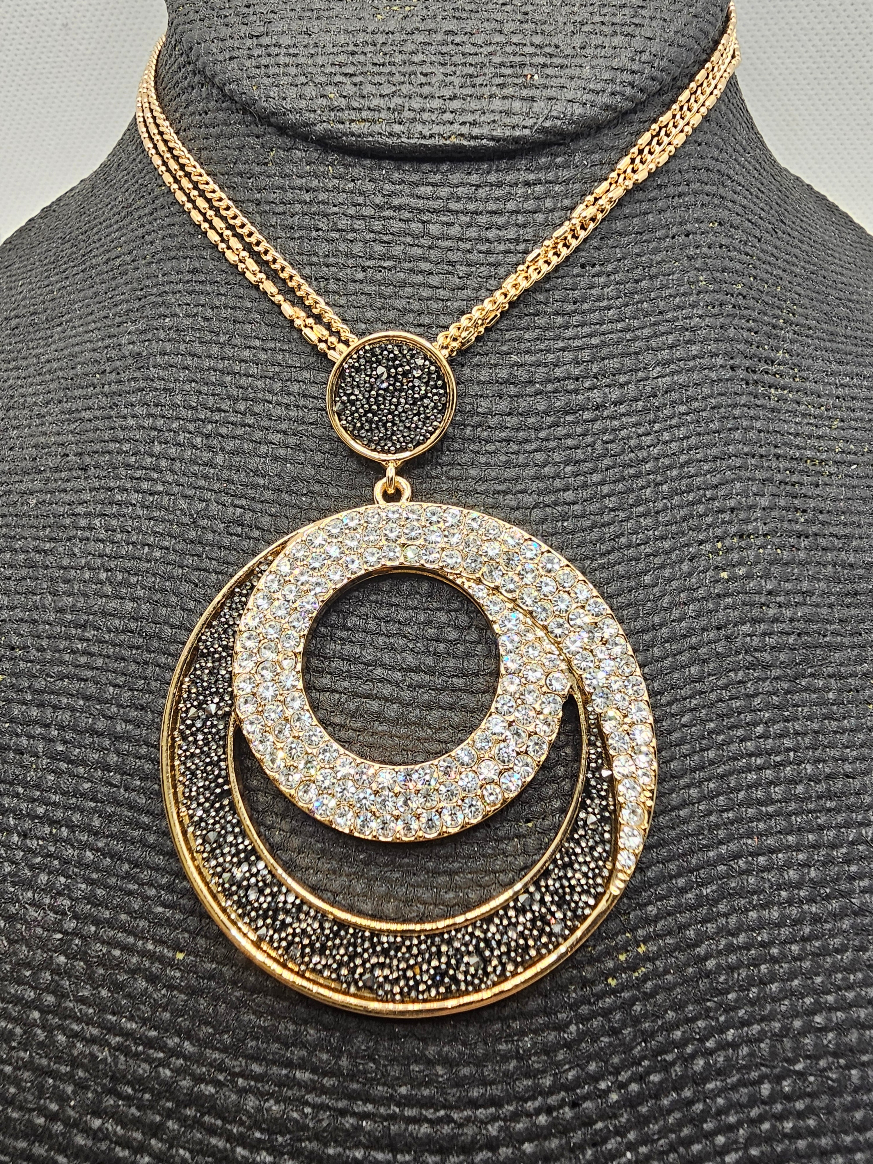2379 Gold and Black Circle Long Sweater Necklace with Bling
