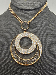 2379 Gold and Black Circle Long Sweater Necklace with Bling