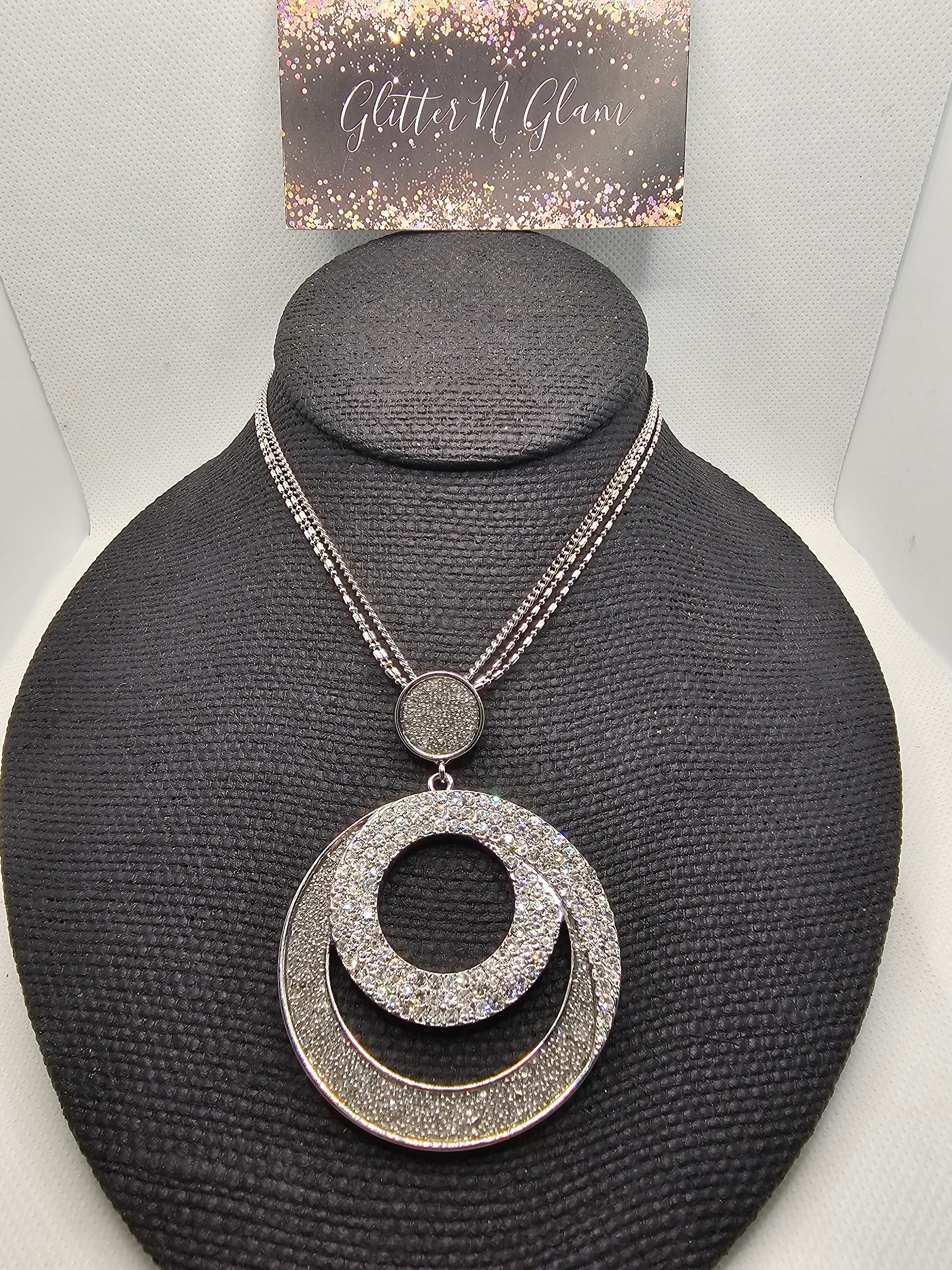 2380 Silver Circle Long Sweater Necklace with Bling