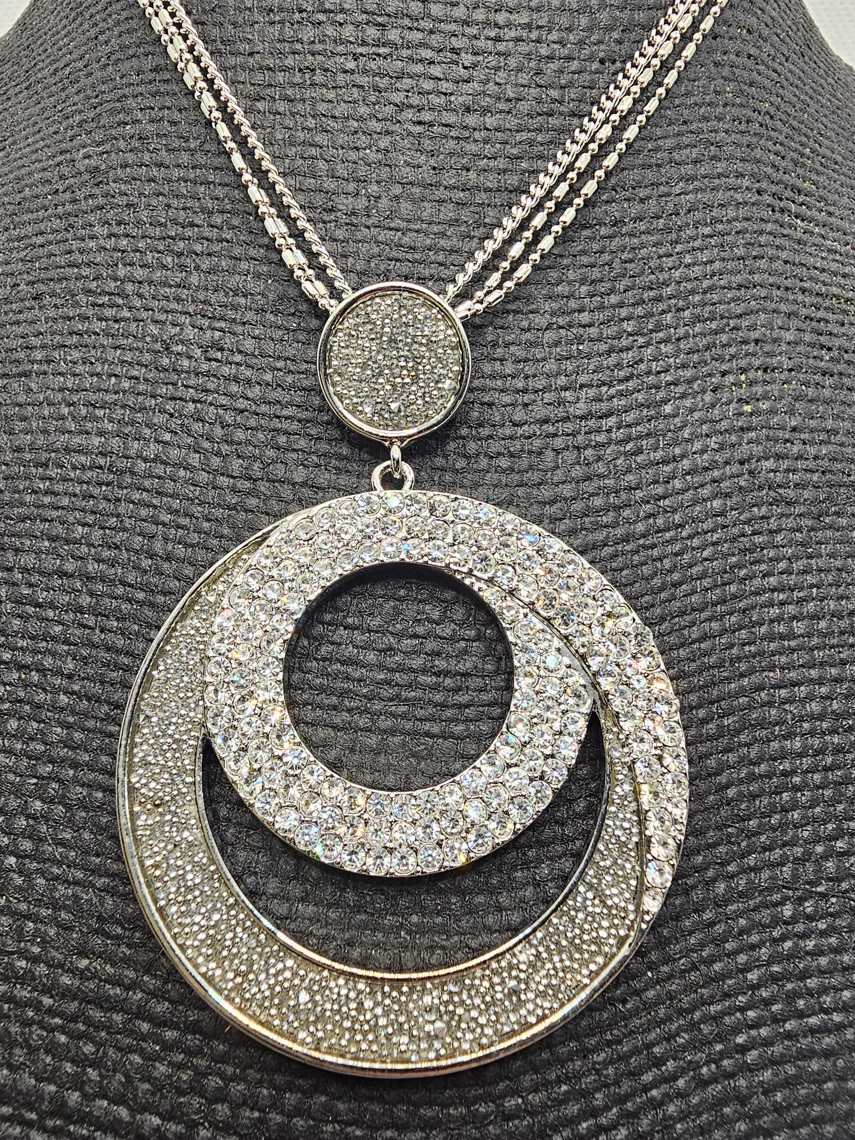 2380 Silver Circle Long Sweater Necklace with Bling