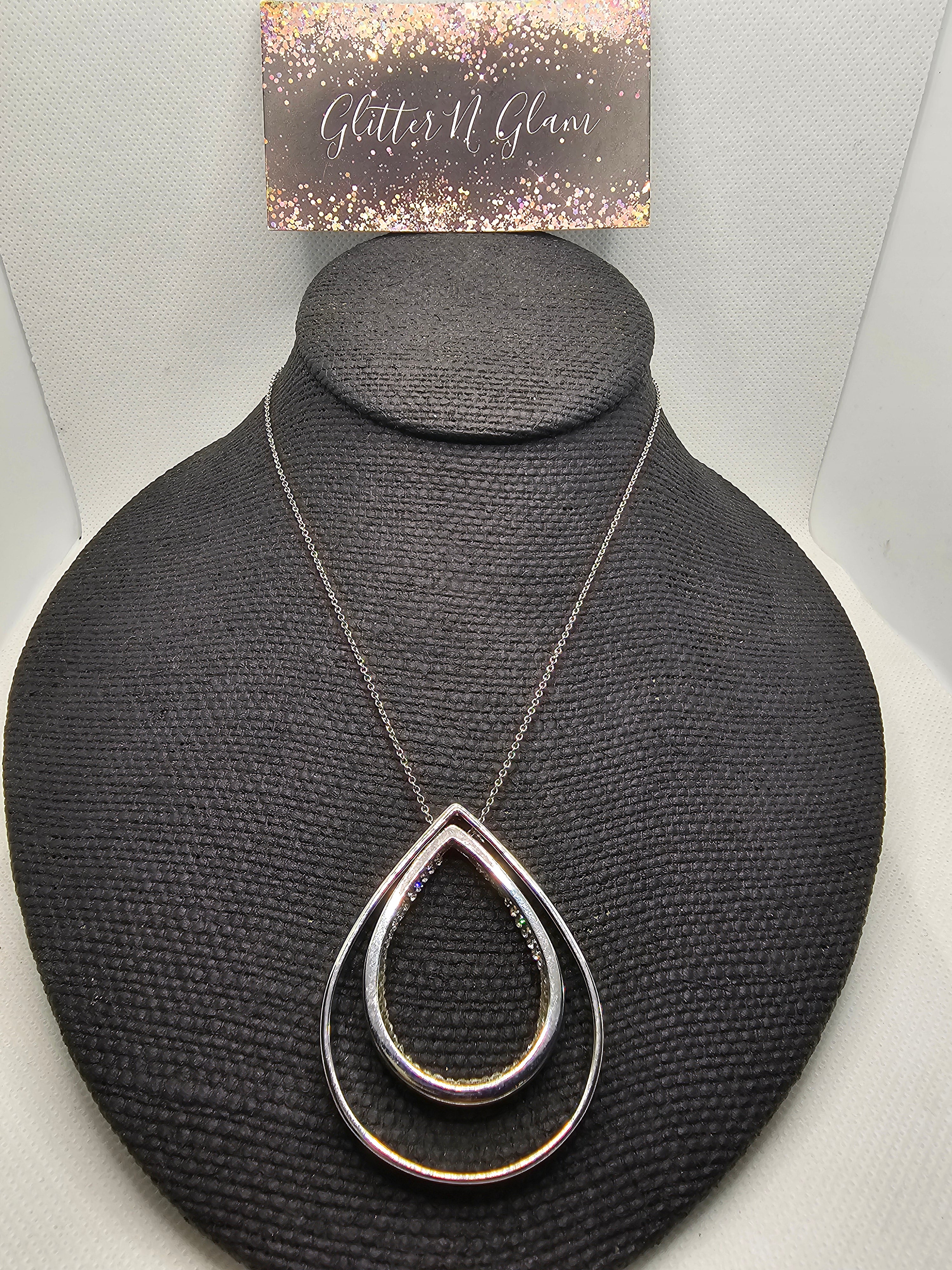 2383 Silver Double  Teardrop Long Sweater Necklace with Bling inside of smaller teardrop