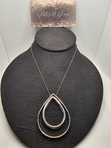 2383 Silver Double  Teardrop Long Sweater Necklace with Bling inside of smaller teardrop