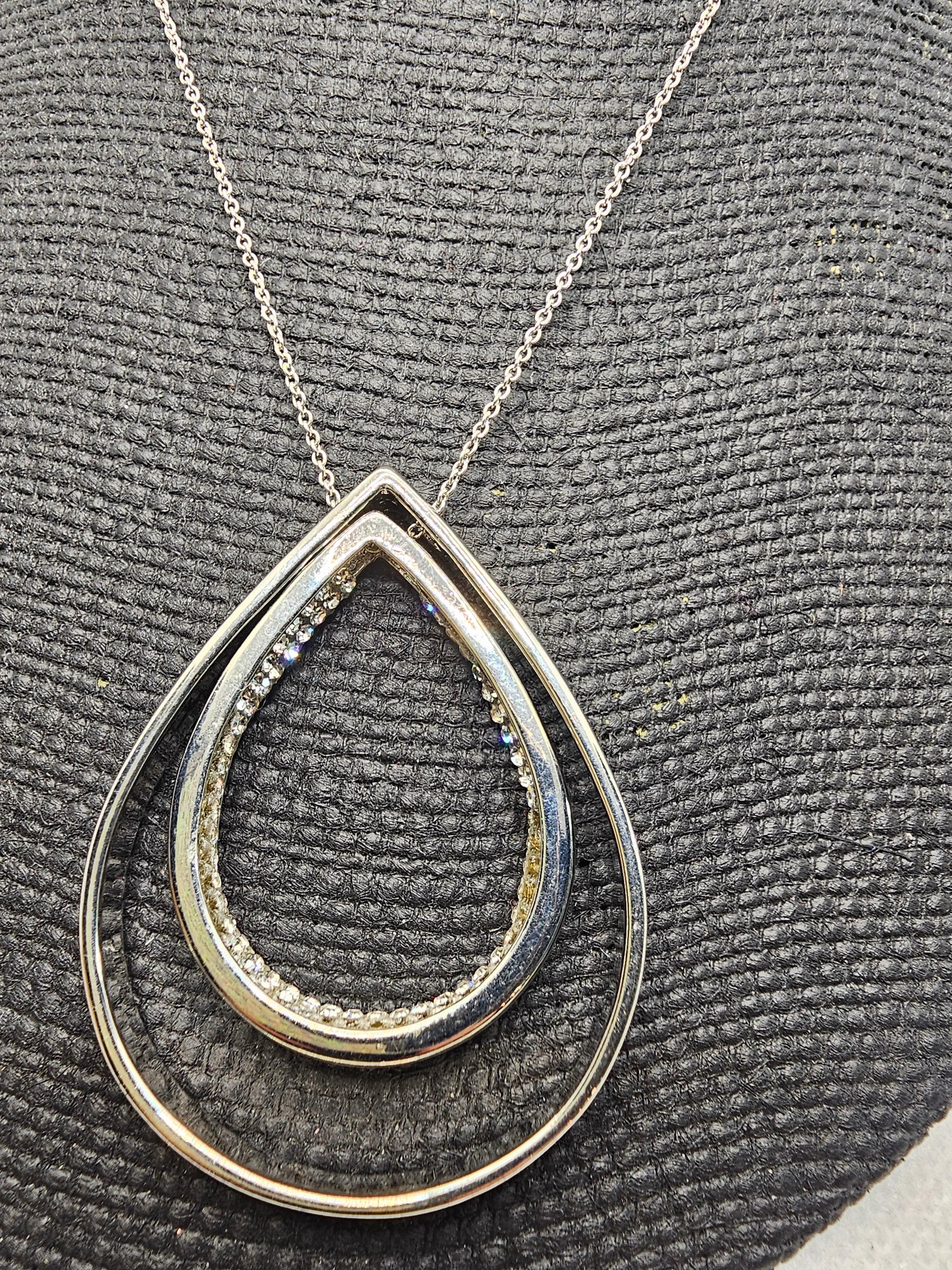 2383 Silver Double  Teardrop Long Sweater Necklace with Bling inside of smaller teardrop