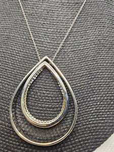 2383 Silver Double  Teardrop Long Sweater Necklace with Bling inside of smaller teardrop