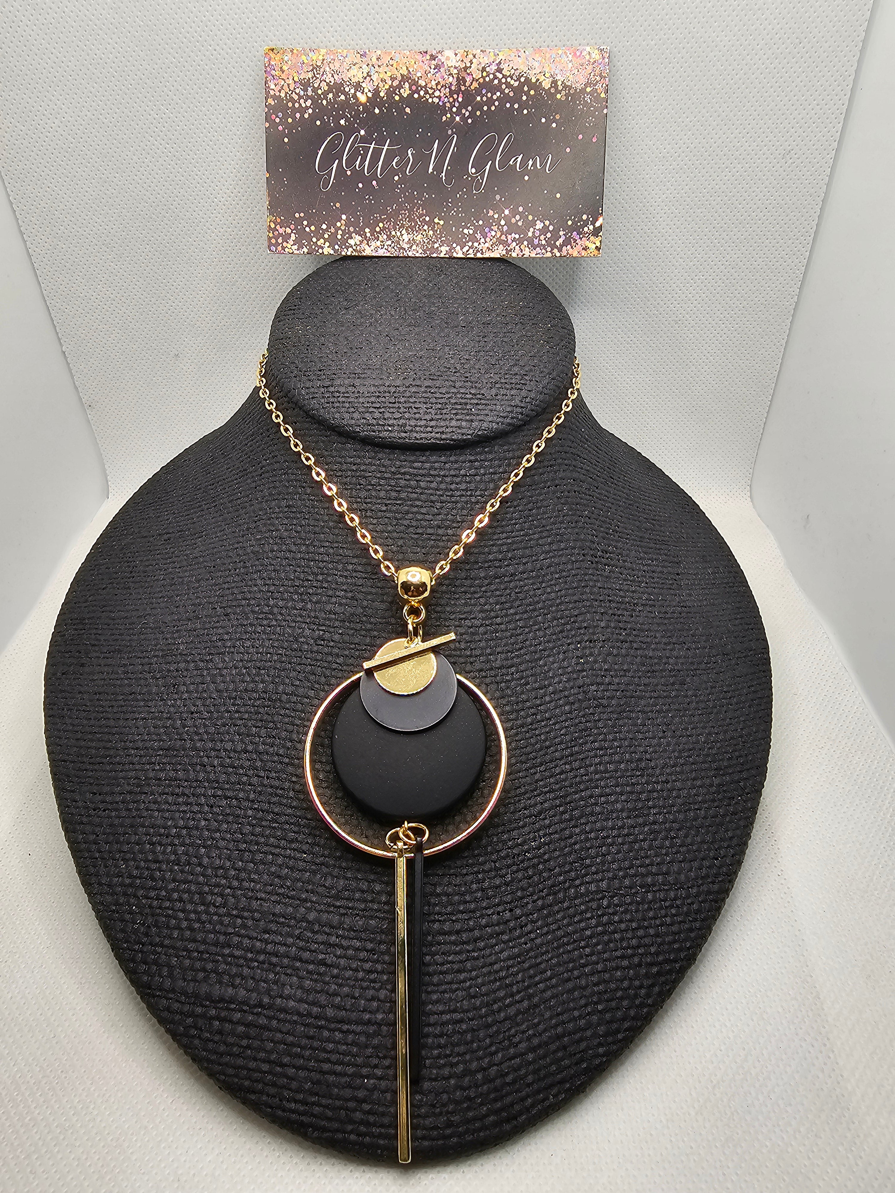 2382 Black and Gold Geometric Design Long Sweater Necklace