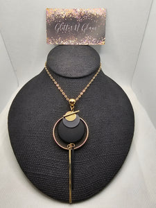 2382 Black and Gold Geometric Design Long Sweater Necklace