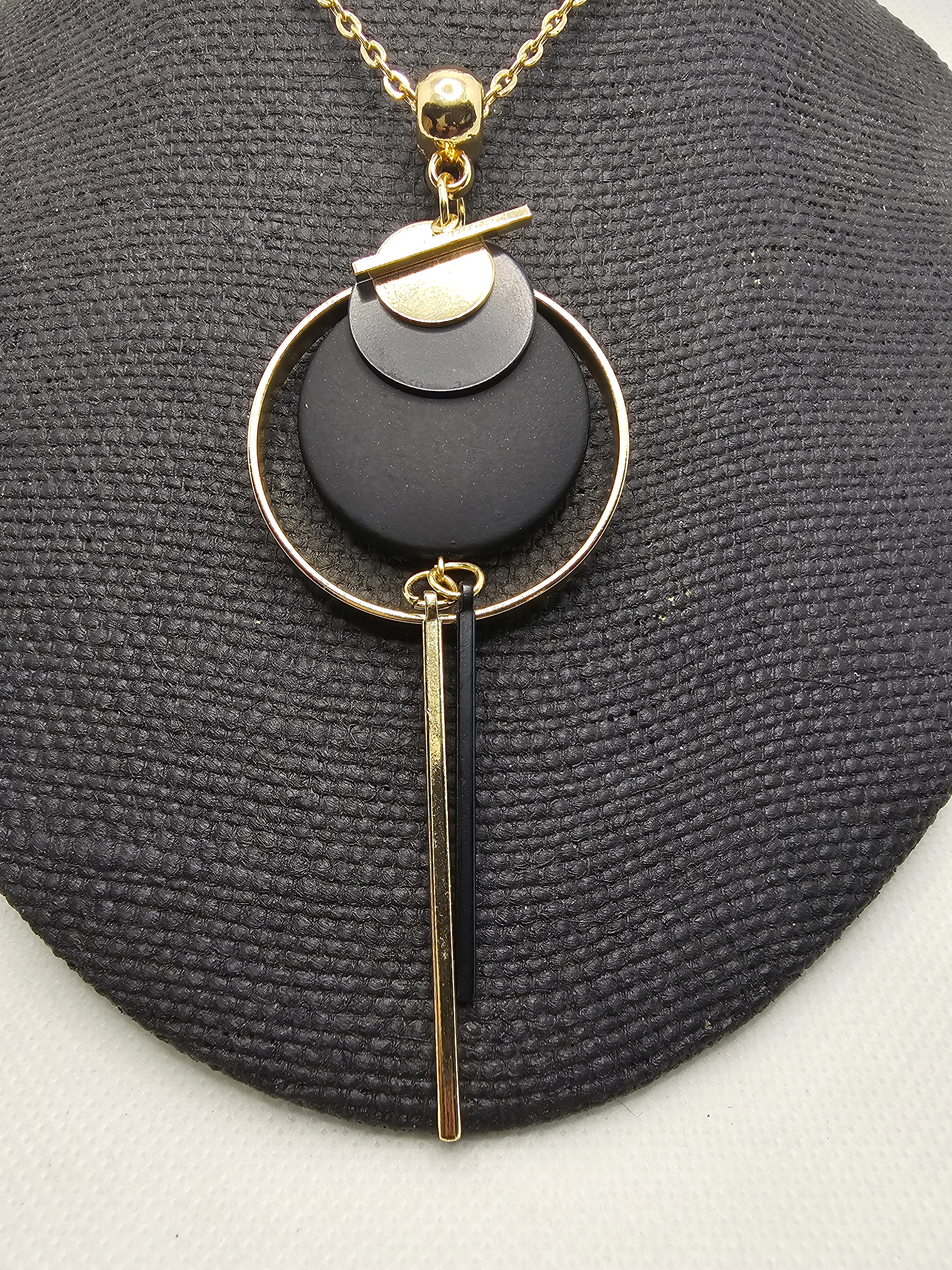 2382 Black and Gold Geometric Design Long Sweater Necklace