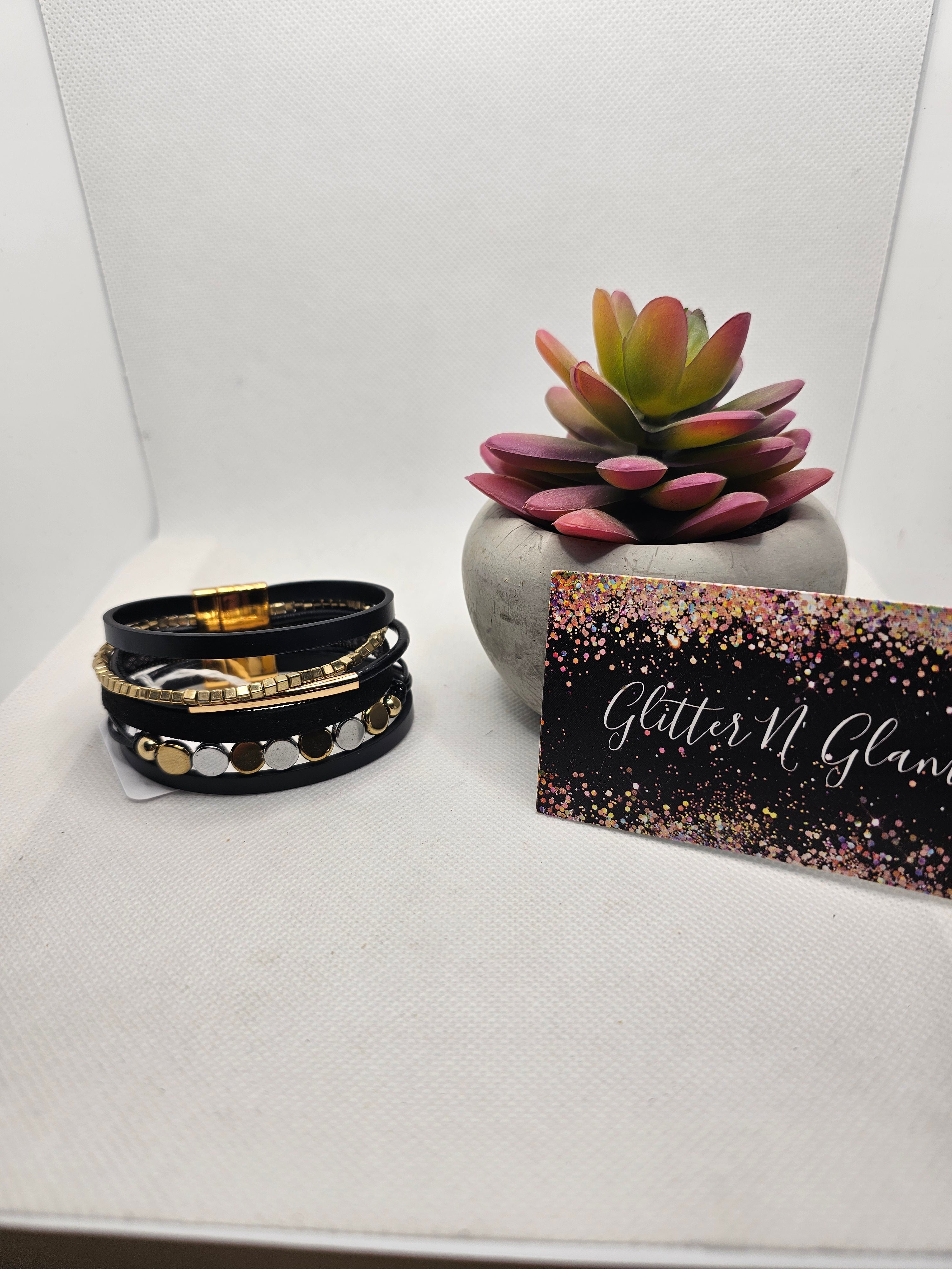 2390 Black, Silver and Gold Leather Wrap Bracelet