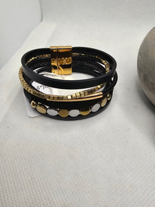 2390 Black, Silver and Gold Leather Wrap Bracelet