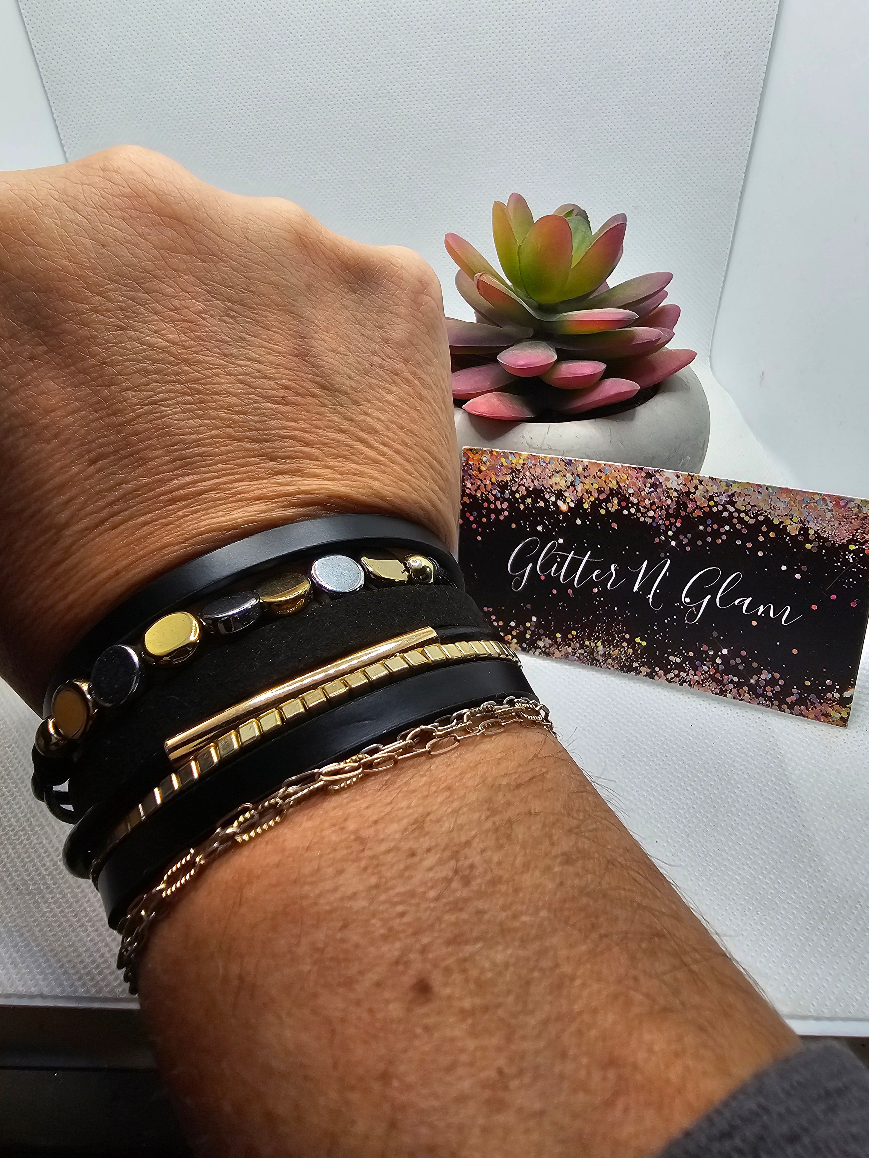 2390 Black, Silver and Gold Leather Wrap Bracelet