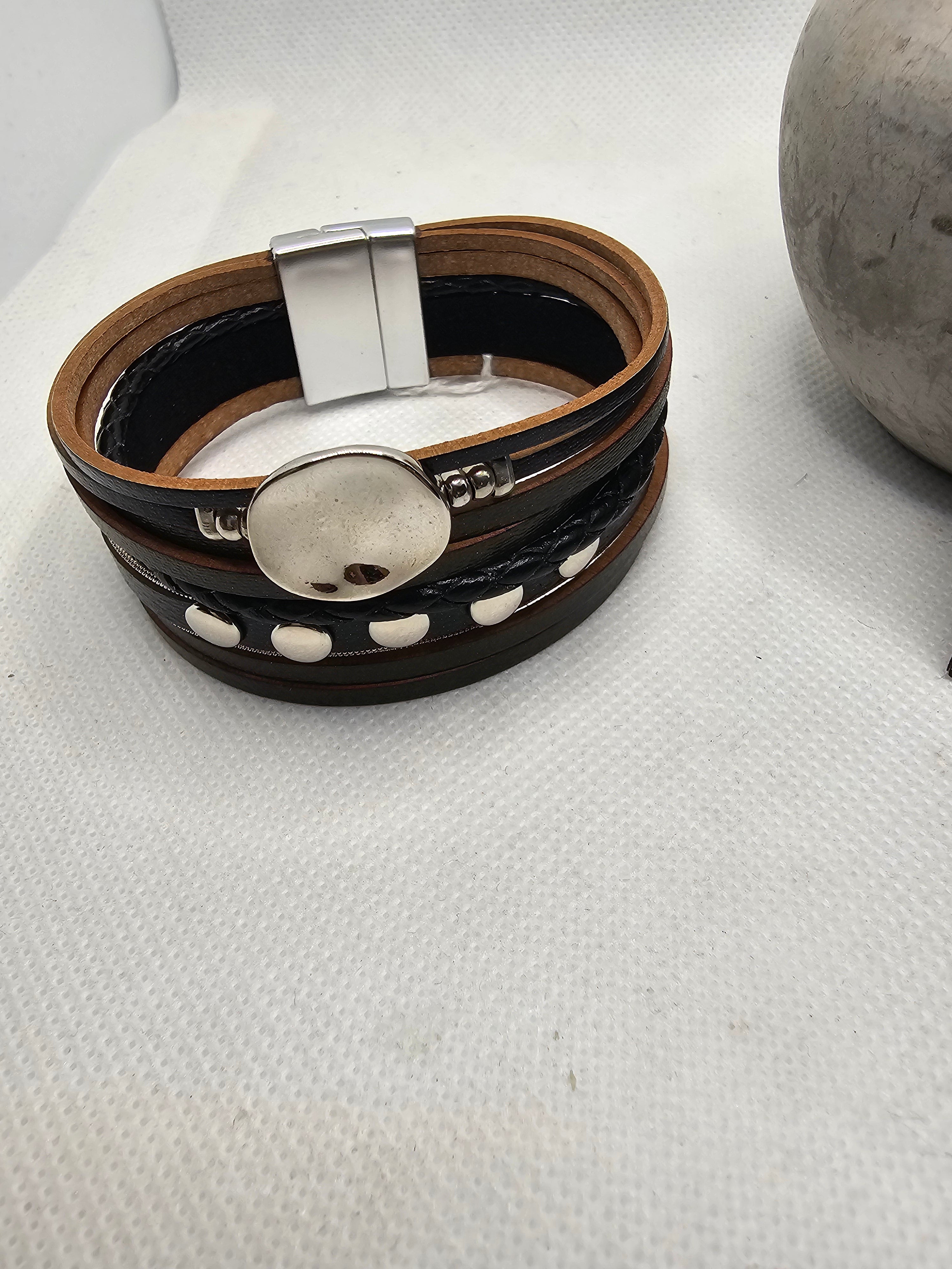 2396 Brown, Black and Silver Leather Wrap Bracelet