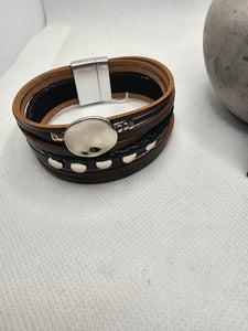 2396 Brown, Black and Silver Leather Wrap Bracelet