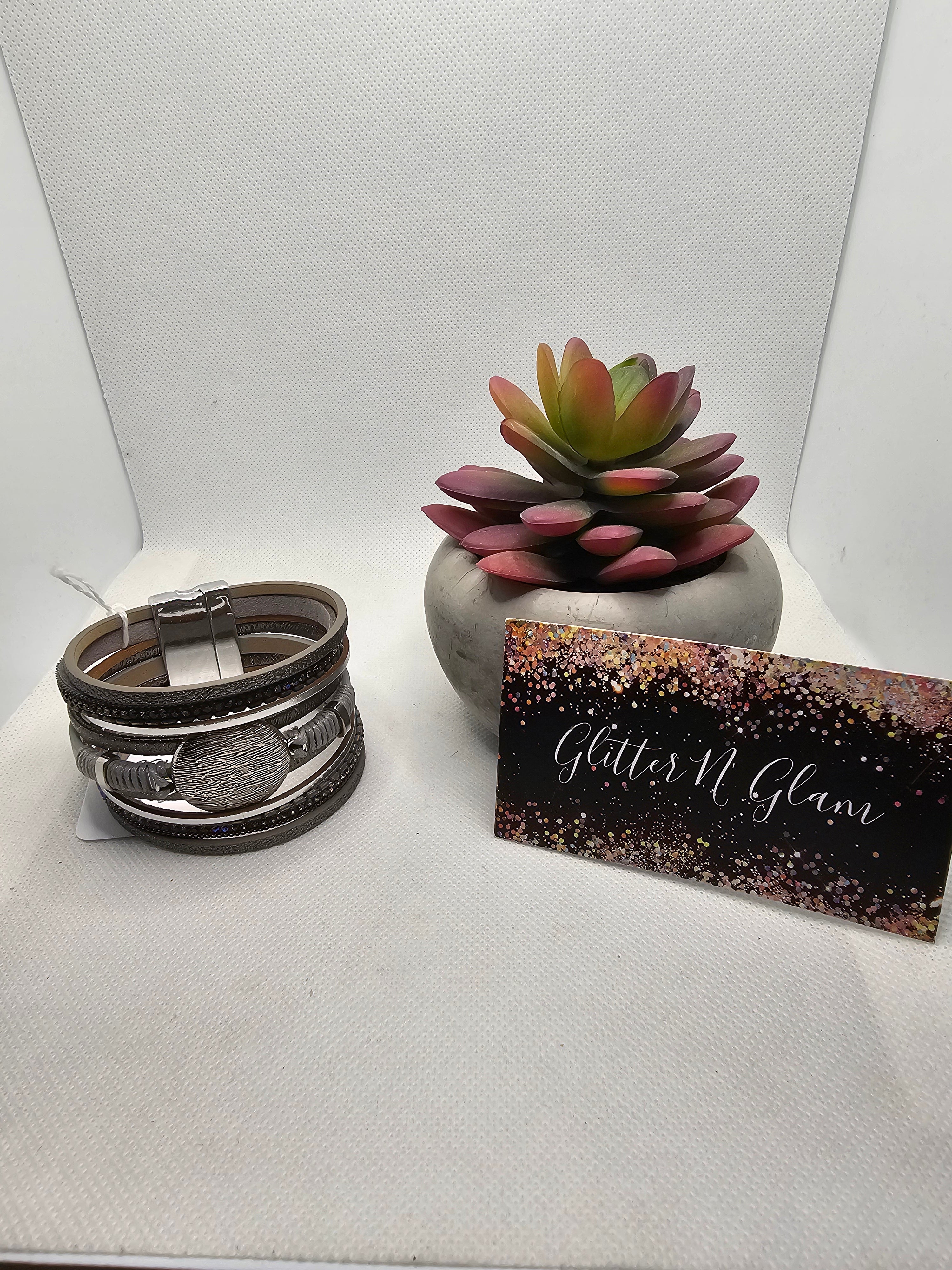 2394 Gray and Silver Leather Wrap Bracelet