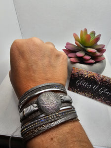 2394 Gray and Silver Leather Wrap Bracelet