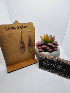 2306 Rosegold Feathers with Red Bead Dangle Earrings