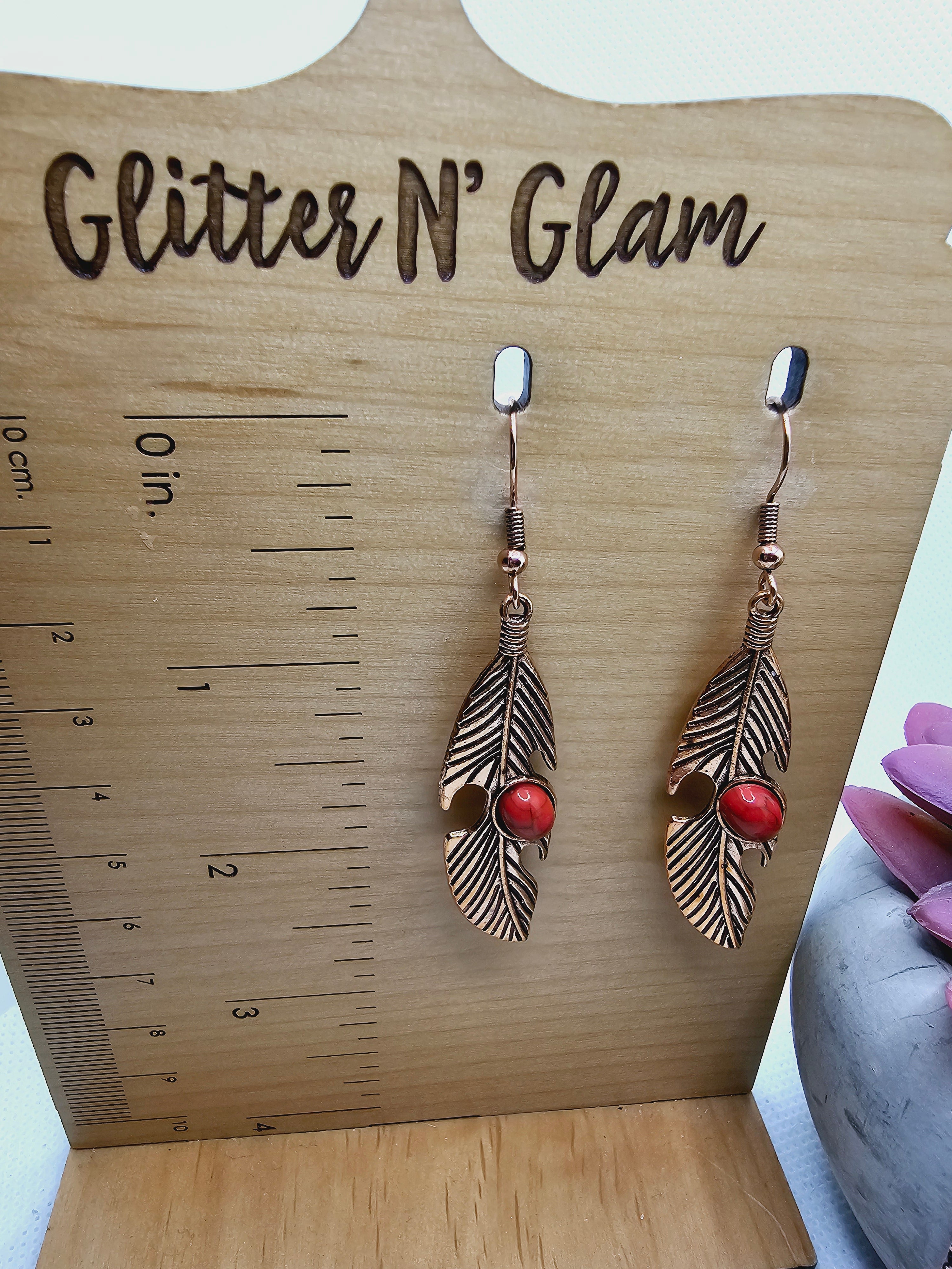 2306 Rosegold Feathers with Red Bead Dangle Earrings